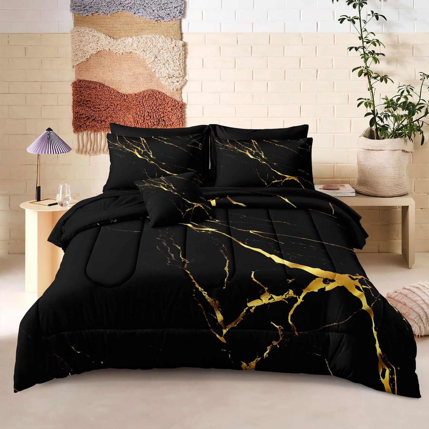 Merryword 8 Pcs Bed in a Bag Black Marble Comforter Set Full Size Gold Metallic Bedding Set