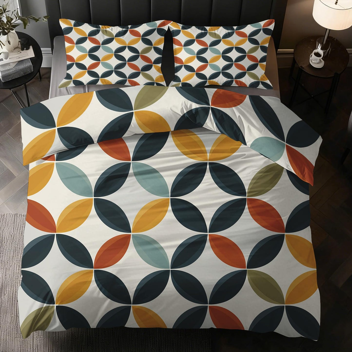 Mid Century Modern Twin Duvet Cover Set, Retro Geometric Circle Bedding Set 2 Pcs Reversible, MCM Geo Bedroom Decor, Ultra Soft Microfiber, 1 Pillow Sham, Zipper & Ties KJJT 104