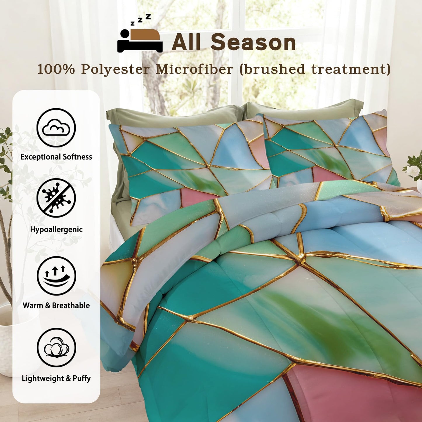 Flumoxa Stained Glass Comforter Set Full, Blue Green Marble Comforter Down Alternative All Season Bedding, Stained Glass Bed Sets Full Size with Pillowcase, Bedroom Decor