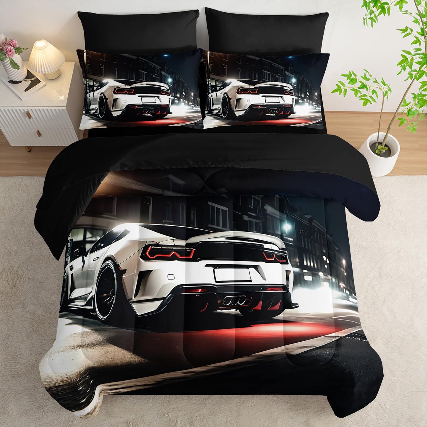 Nttopship Sports Car Comforter Set Full Size 7PCS, White Racing Car Bedding Set 7 Piece in A Bag, Bed Sheet Set White Racing Car Decor, Microfiber Lightweight All Season