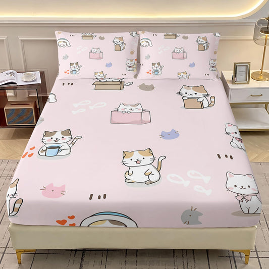 AILONEN Sticker Cat Twin Fitted Sheet Set, 3 Piece Microfiber Bedding Pack with 2 Pillowcases, 16 Inch Deep Pocket, Cute Animal Room Style