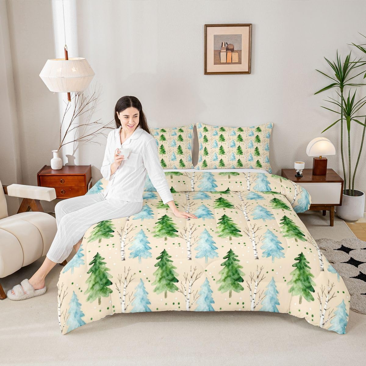 Erosebridal Pine Tree Comforter Set Spring Botanical Garden Full Size Bedding Sets for Young Boys | Christmas Trees Boho Plant Comforter Farmhouse Christmas Bed Set, Kawaii Room Decor Aesthetic