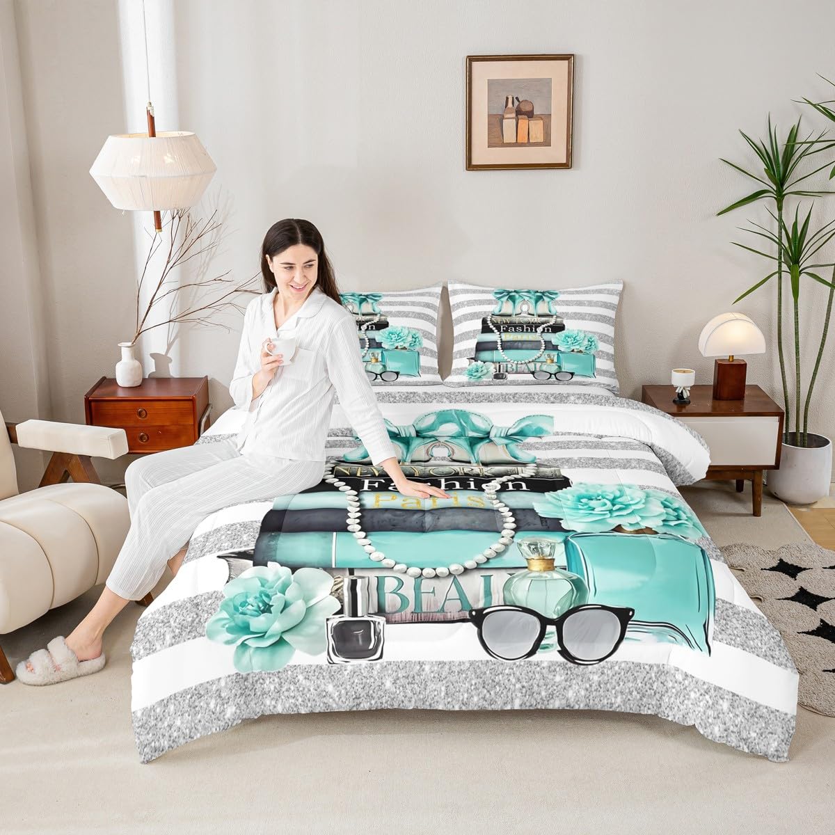 Erosebridal Paris Fashion Women Comforter King Size Teal Silver Modern Bedding Set for Kids Girls Teens Magazine White Stripe Girly Down Comforter Turquoise Rose Flower High Heel Makeup Duvet Insert