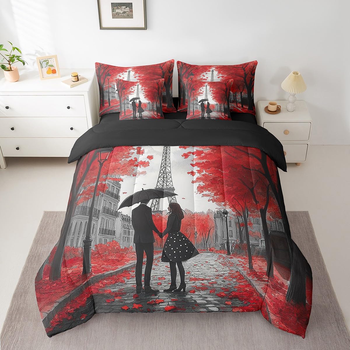 Erosebridal Romantic Valentine's Day Full 7 Piece Bedding Set for Adults Men Women Room Decor,Eiffel Towel Comforter Set France Paris Couple Bed in A Bag Maple Trees Leaves Sheet Set with Comforter