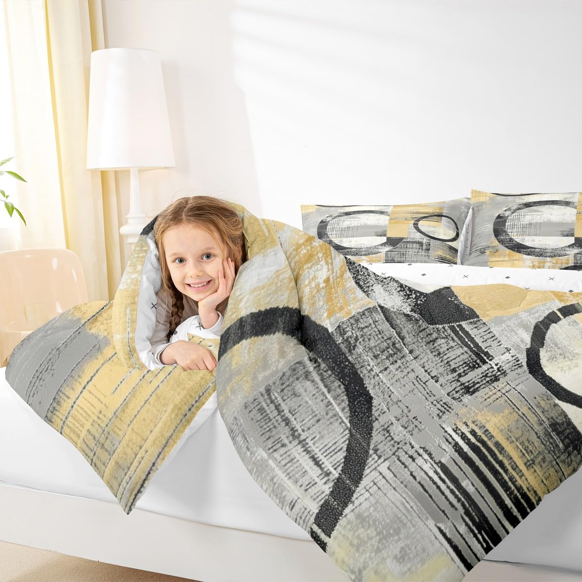 Feelyou Abstract Comforter Set Full Size Modern Abstract Art Bedding Set Geometric Duvet Quilt Luxury Bedroom Decor Yellow 3 Pcs with 2 Pillow Cases