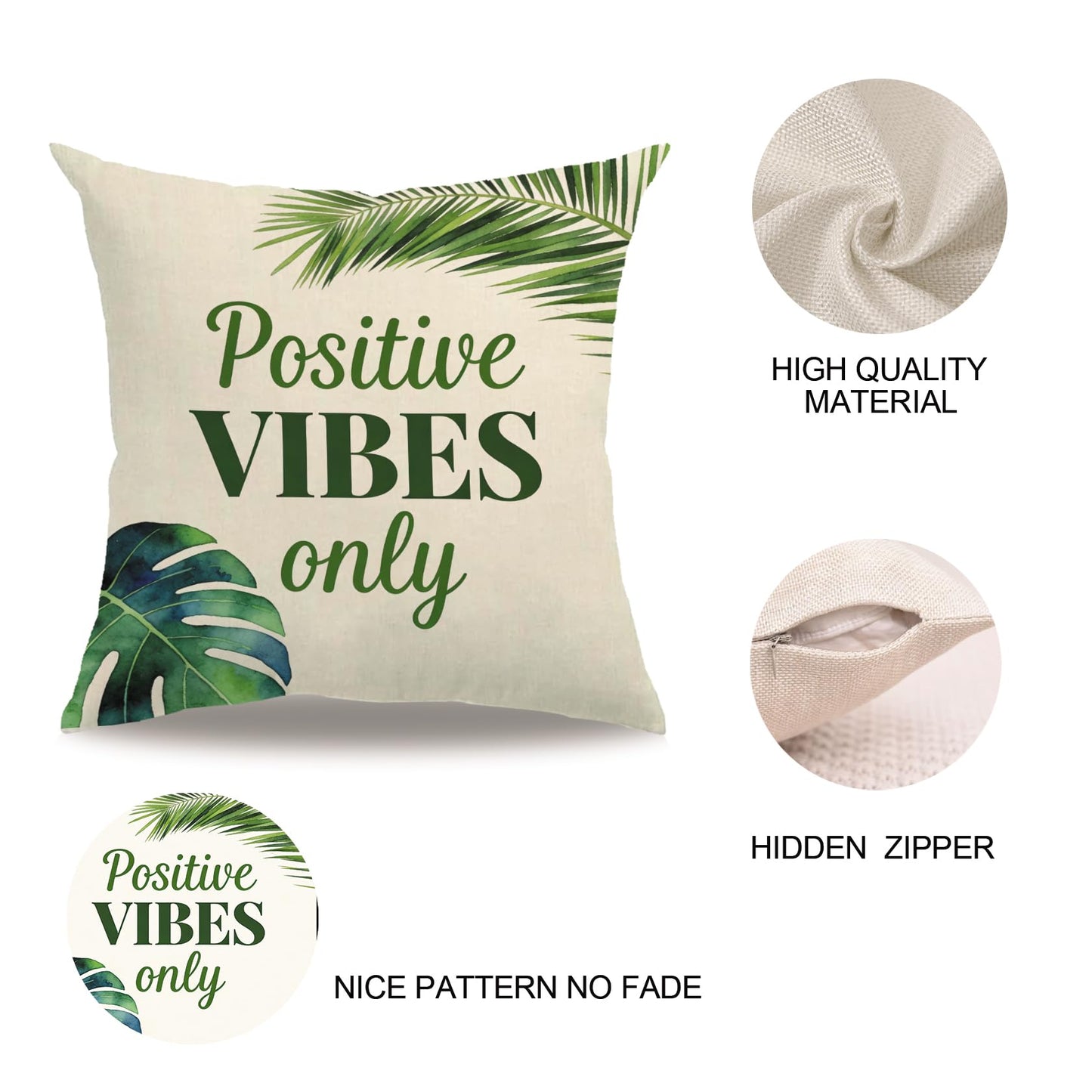 Set of 4 Summer Tropical Leaves Throw Pillow Covers 18x18 Inch, Green Plant Positive Vibes Sunshine Quote Cushion Cover Farmhouse Summer Sunshine Home Decor Pillowcases ,for Sofa Couch Patio (Green)