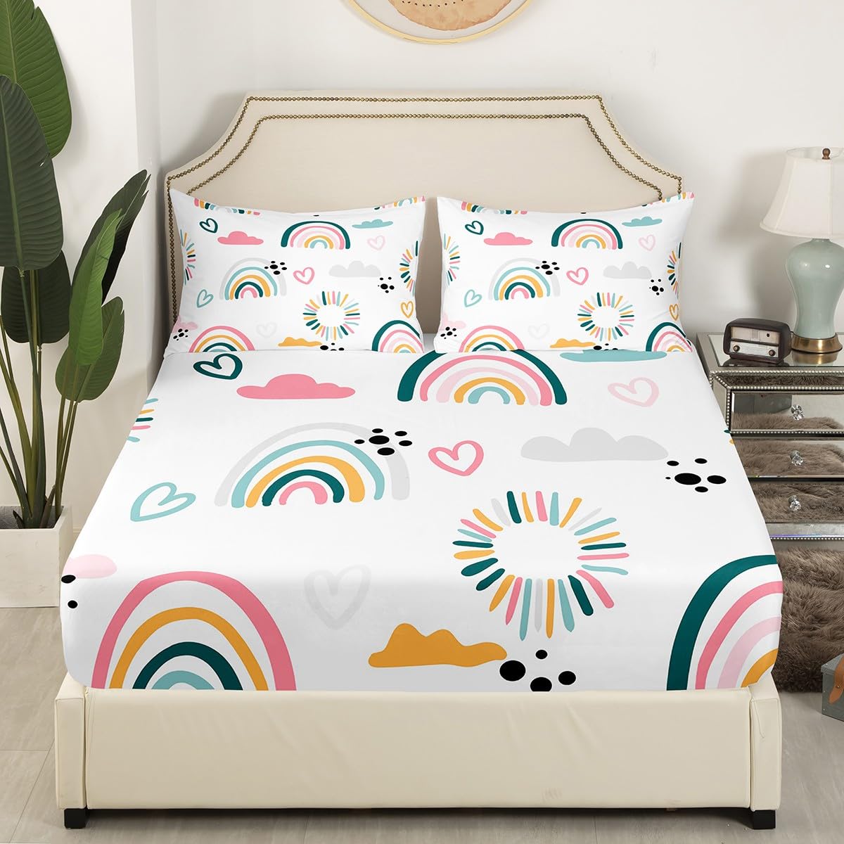 Girls Catoon Rainbow Sheet Set Pink Love Heart Bed?Sheets?Set Decor Cute Cloud Sheets?with?Deep?Pocket?Fitted?Sheet Kawaii Stripes Polka Dots Theme White Bedding?Set Bedroom Quilt Cover 4Pcs Full