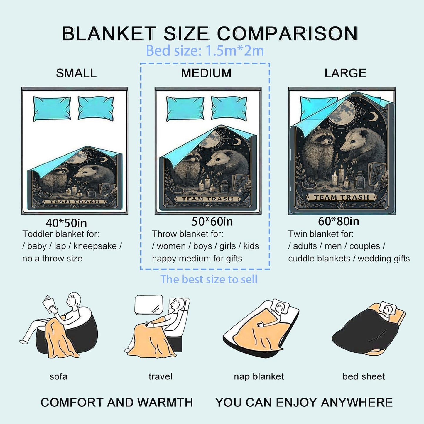 zbezbe Raccoon and Opossum Flannel Blanket Gothic Moonlit Night Star Tarot Candle Lightweight Blankets 60x50inch Single Sided Print Throw for Sofa Couch Bed Decor Adults Gifts