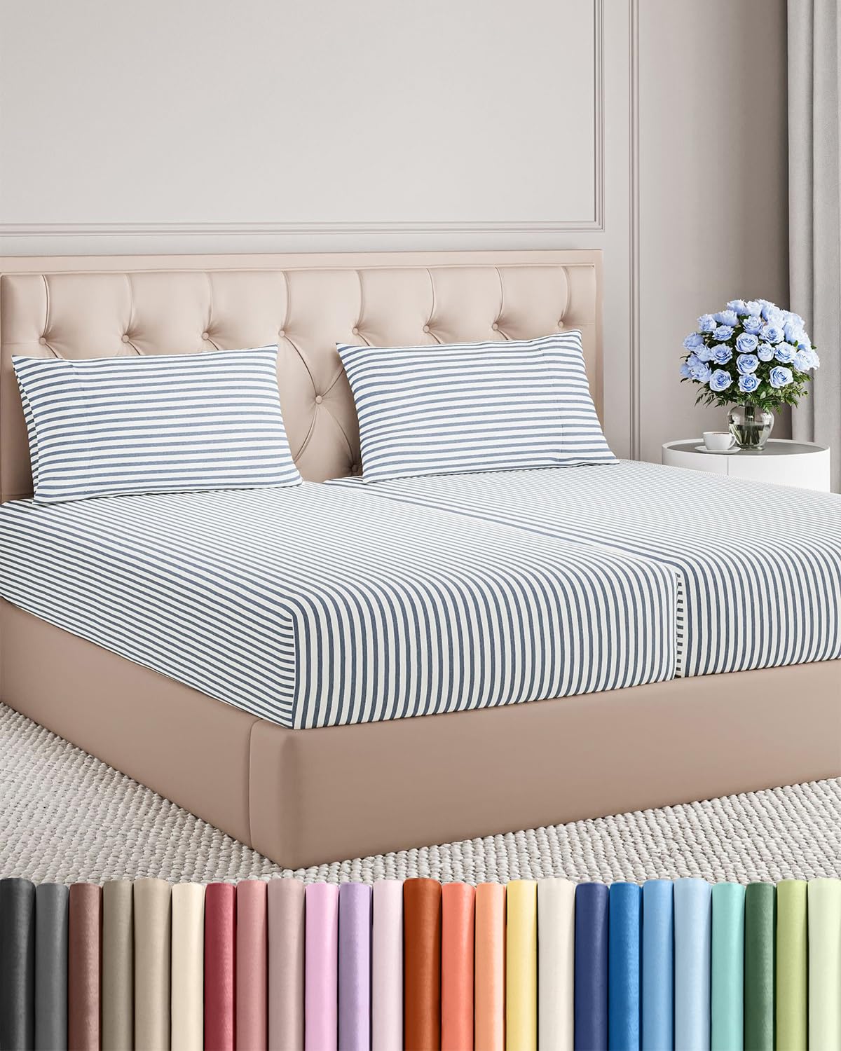 Split King Size 5 Piece Sheet Set - Comfy Breathable & Cooling Sheets - Hotel Luxury Bed Sheets for Women & Men - Deep Pockets, Easy-Fit, Soft & Wrinkle Free Sheets - Blue Stripes Oeko-Tex Bed Sheets