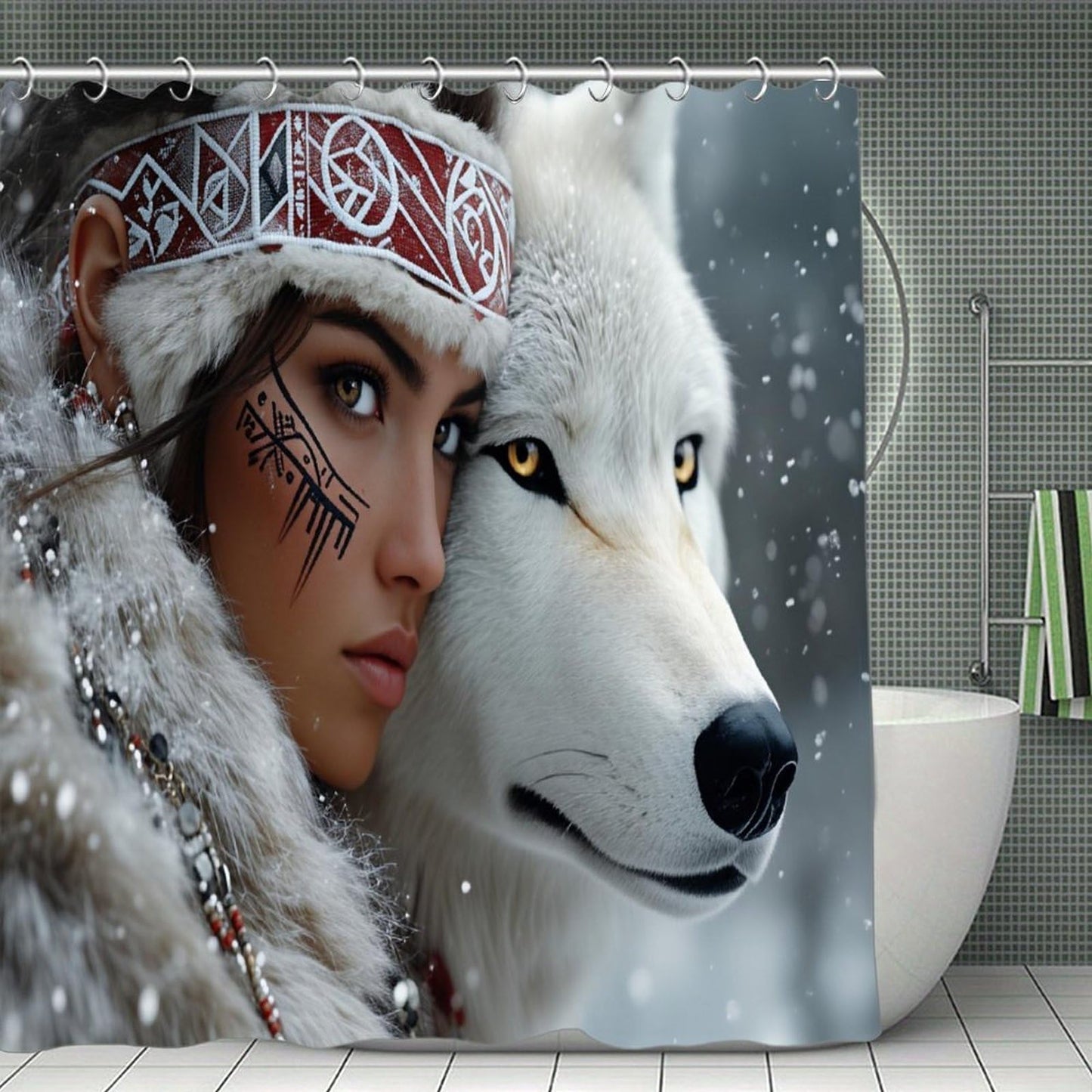 DGOGNFDNG Majestic Female Warrior & White Wolf with Glowing Eyes Shower Curtain 71x71 Inches Waterproof and Bright Fabric Shower Curtains Bathroom Toilet Accessories Decor