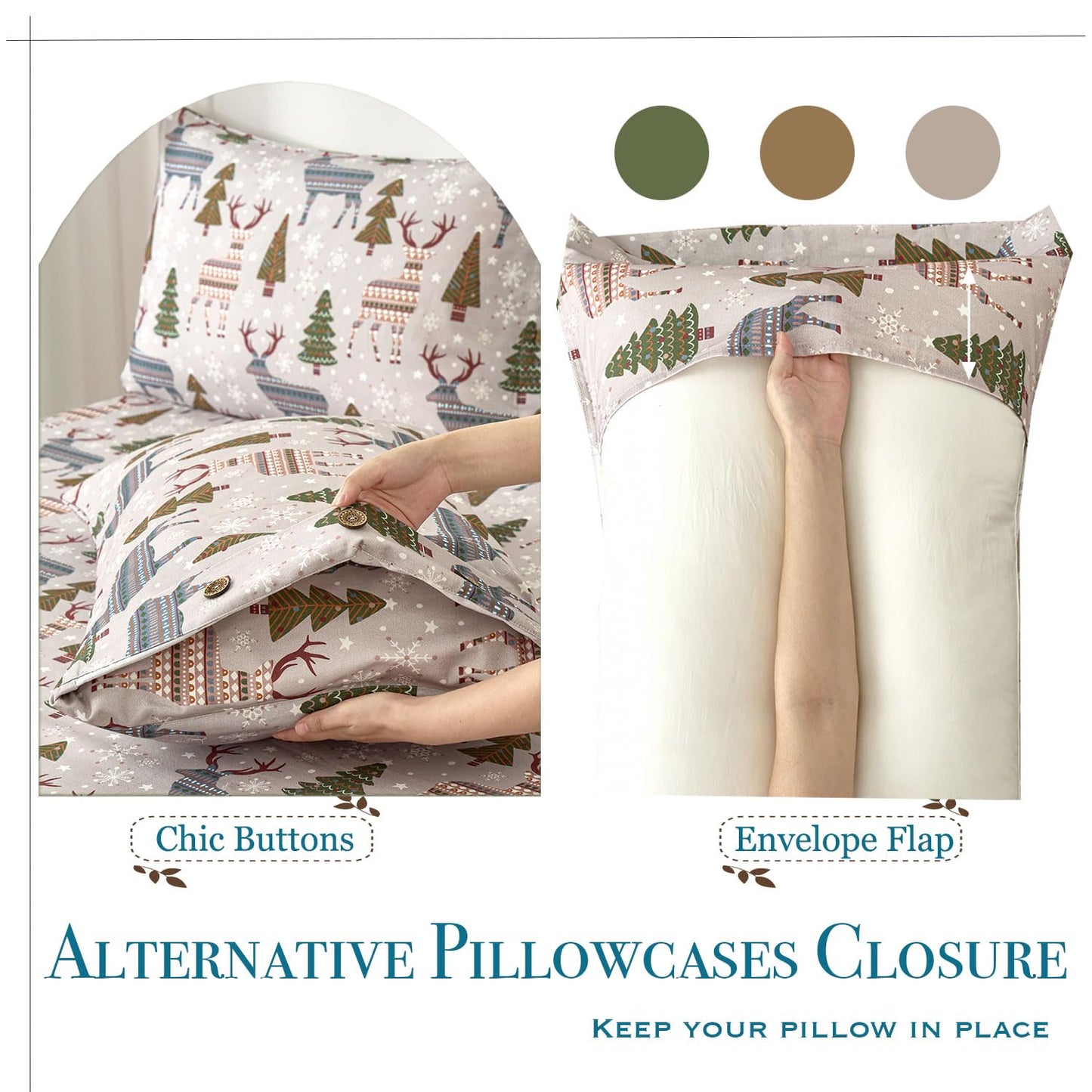 Zusbest Grey Sheets Queen 100% Brushed Cotton Flannel-Like Green Tree Deer Printed Bed Sheets Set with Deep Pocket 17.5‘’ Heavyweight 4PC, Button Pillowcases Extra Soft Breathable