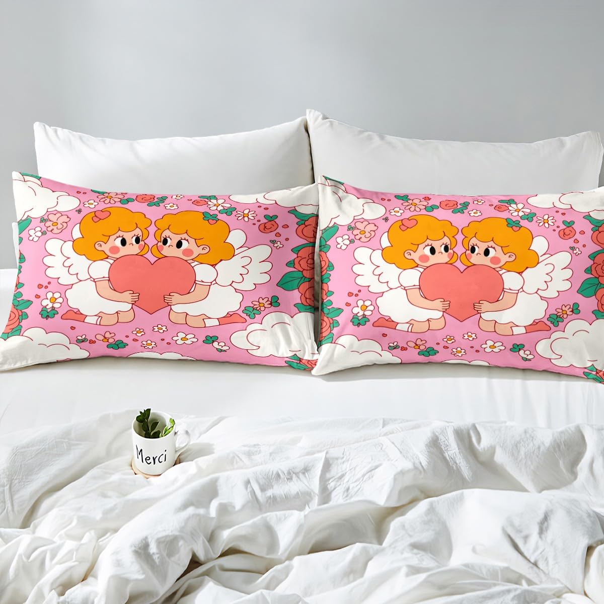 Feelyou Boys Girls Valentine's Day Bed Sheet Set Full Size, Angel Baby Bedding Set Love Heart Fitted Sheet Kids Romantic Teens Bed Cover Bedroom Decor with 2 Pillow Case (No Flat Sheet)