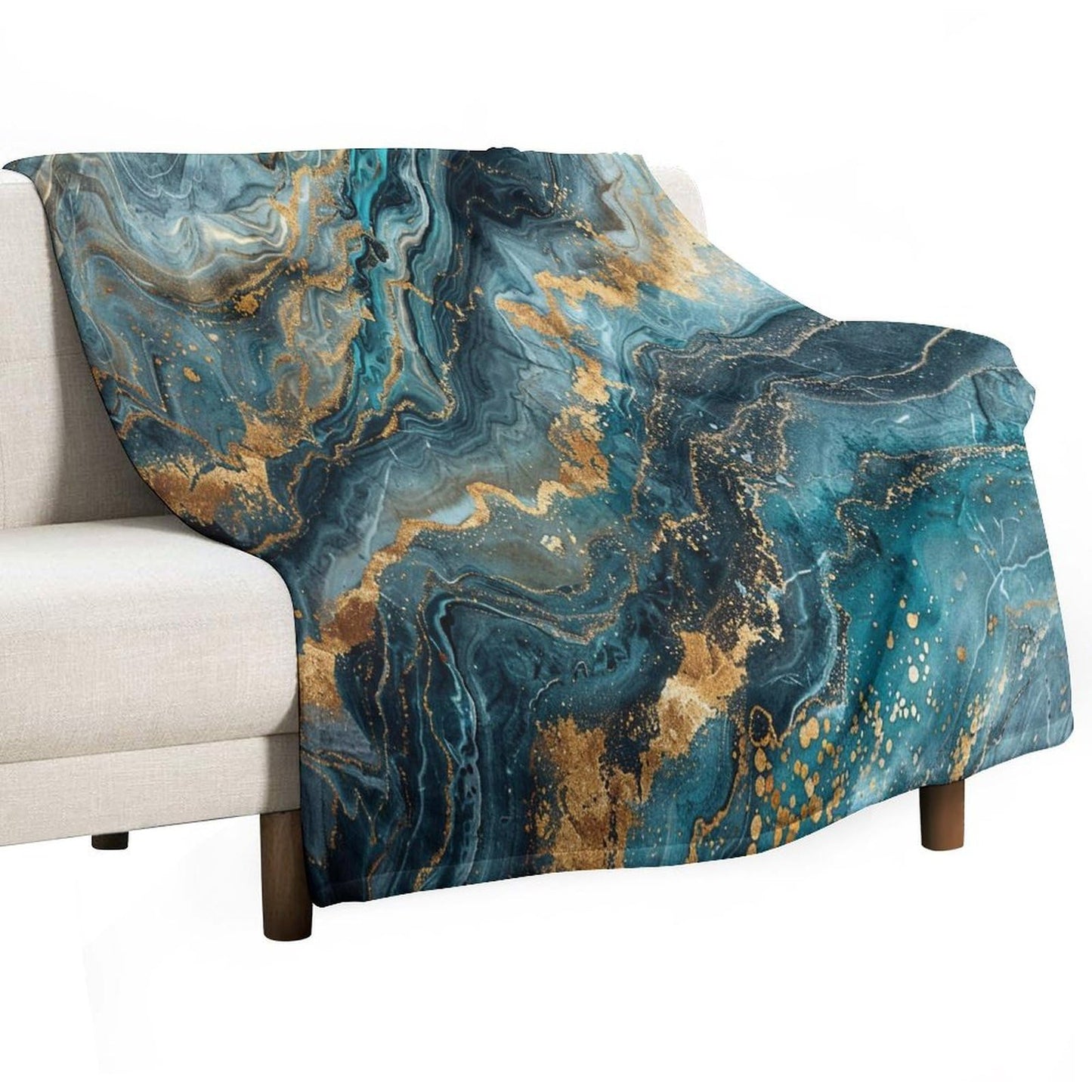 Marble Throw Blanket, Modern Abstract Foil Stone Texture Teal Gold Marble Super Soft Fuzzy Fluffy Blanket for Couch & Bed, Cozy Sofa Warm Blanket for Travel Camping 40"x50"