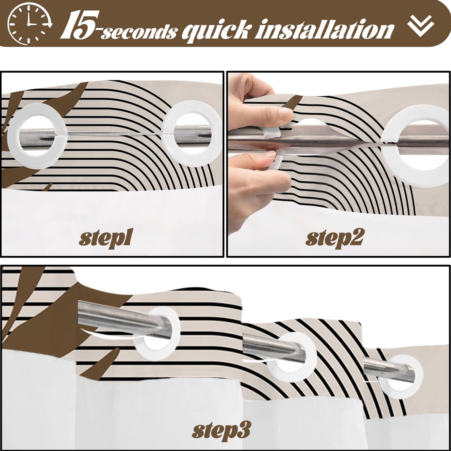 Hookless Shower Curtain with Snap-in Liner, Brown and Beige, 71" W x 74" L