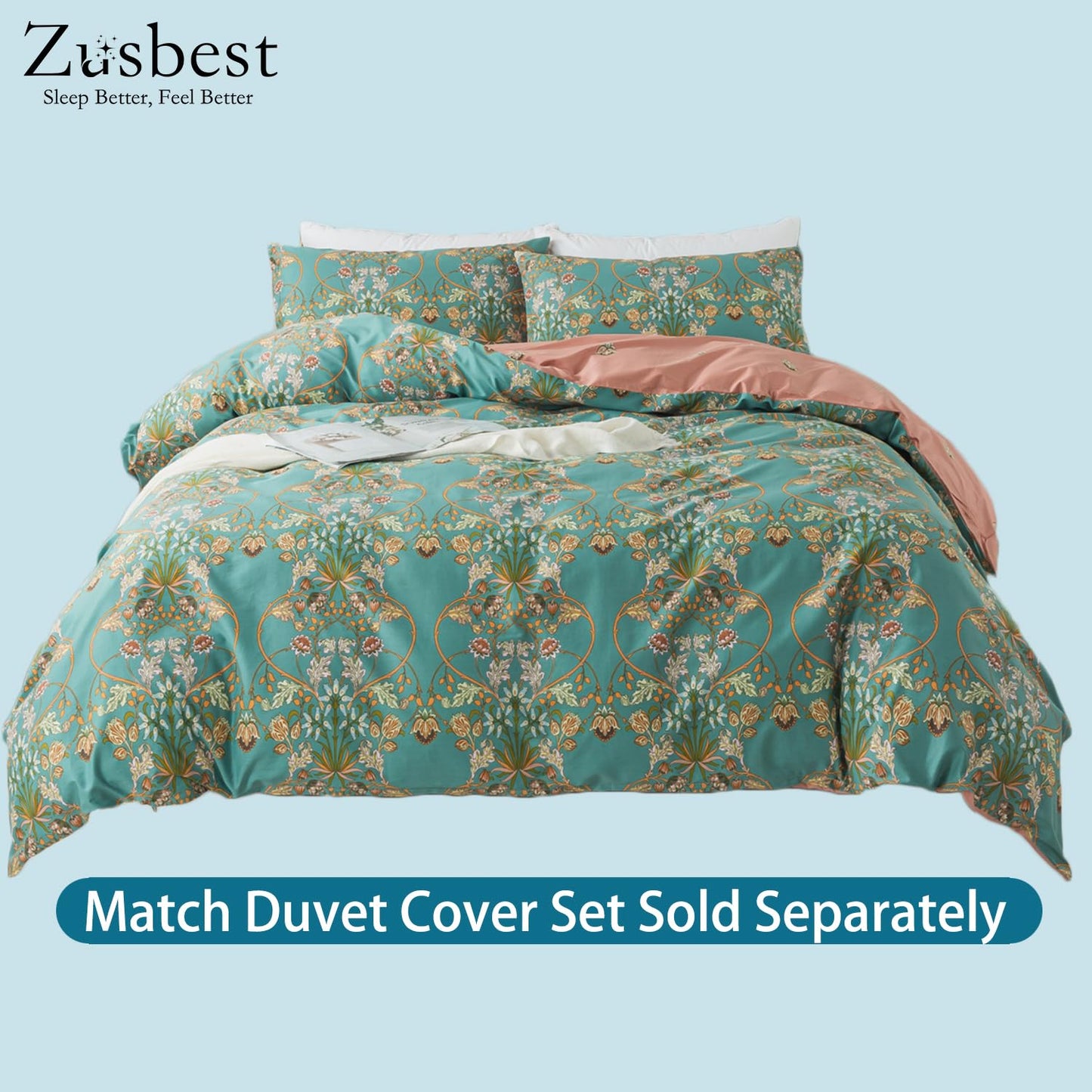 Zusbest Teal Floral Sheets Boho Queen Bed Sheets Set 100% Cotton Percale Shabby Vintage Blue Orange American Style Bedding Luxury Soft Breathable Crisp Bed Deep Pocket Fitted Sheet 4 Piece
