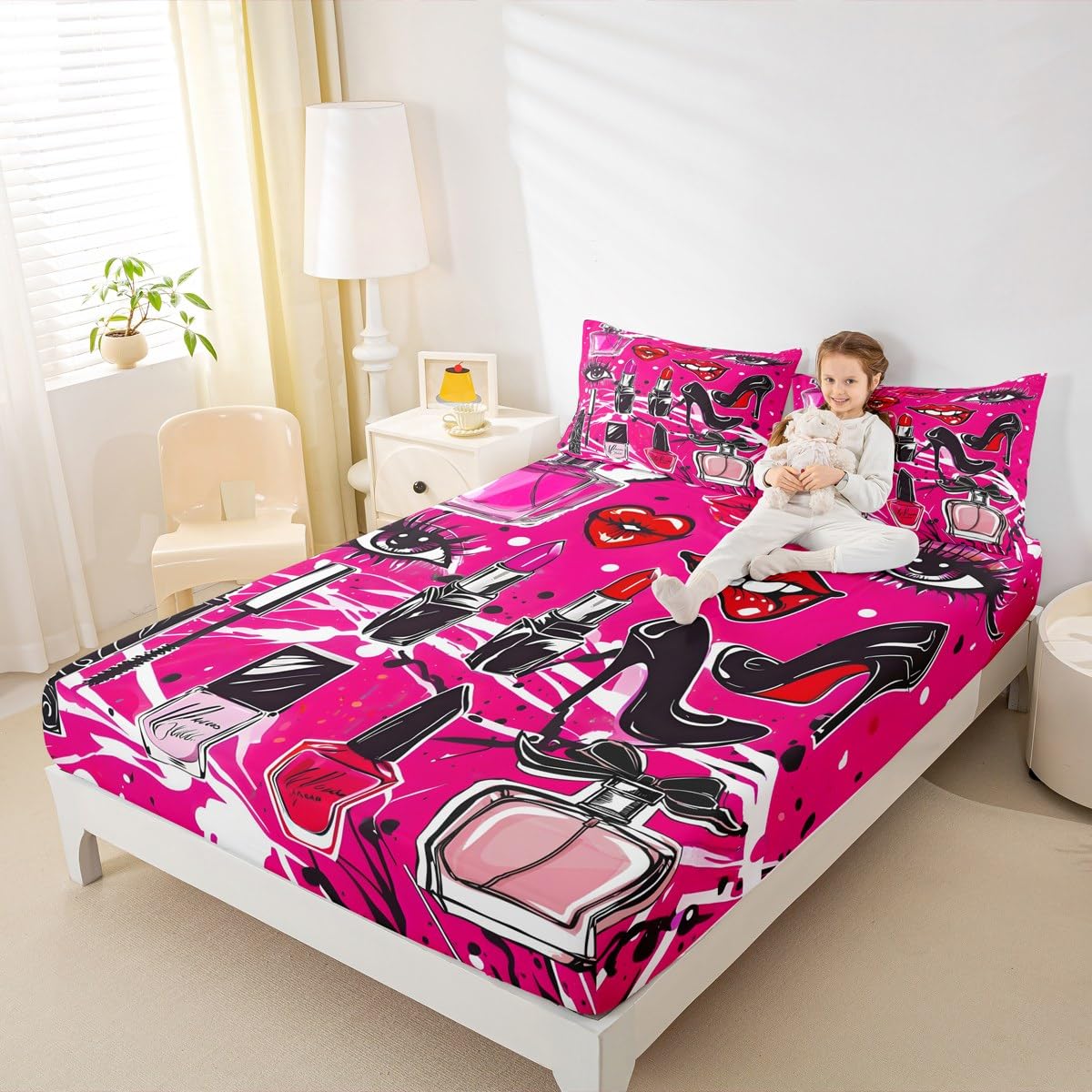 Homewish Makeups Fitted Sheet Queen,Red Lips High Heels Bedding Set 3pcs for Girls Woman Adult Room Decor, Beauty Graffiti Bed Cover Purple Bed Sheet Set with 2 Pillowcases