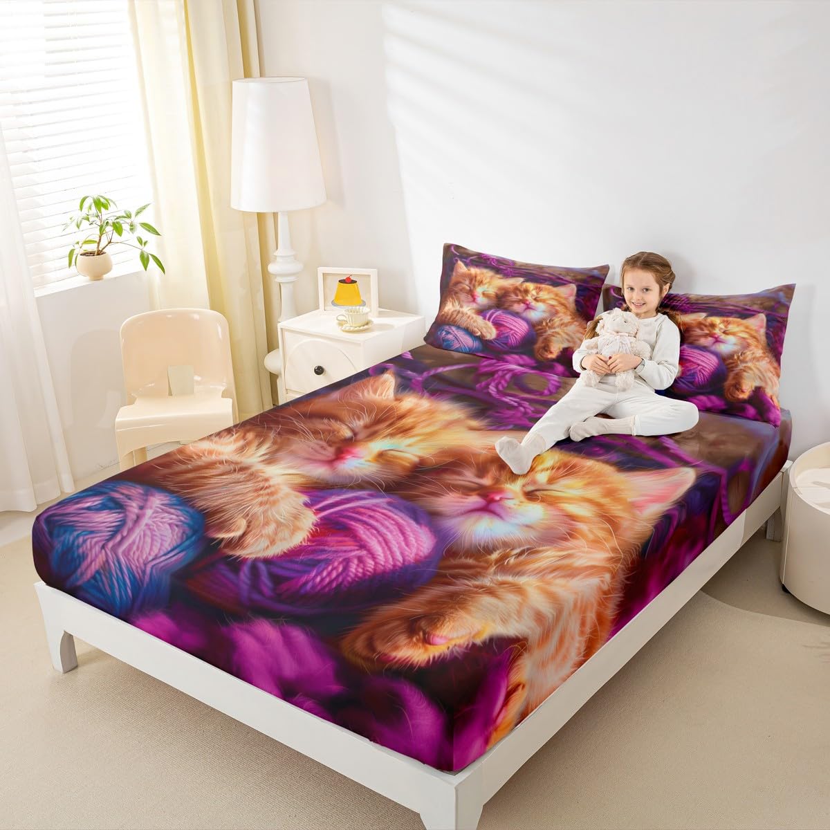 jejeloiu Cats Print Fitted Sheet with 1 Pillowcase Twin Size Purple Bed Sheets Set 16" Deep Pocket Boys Girls Cute Kitten Bedding Animal Teens Bedroom Decor Breathable Lightweight Microfiber