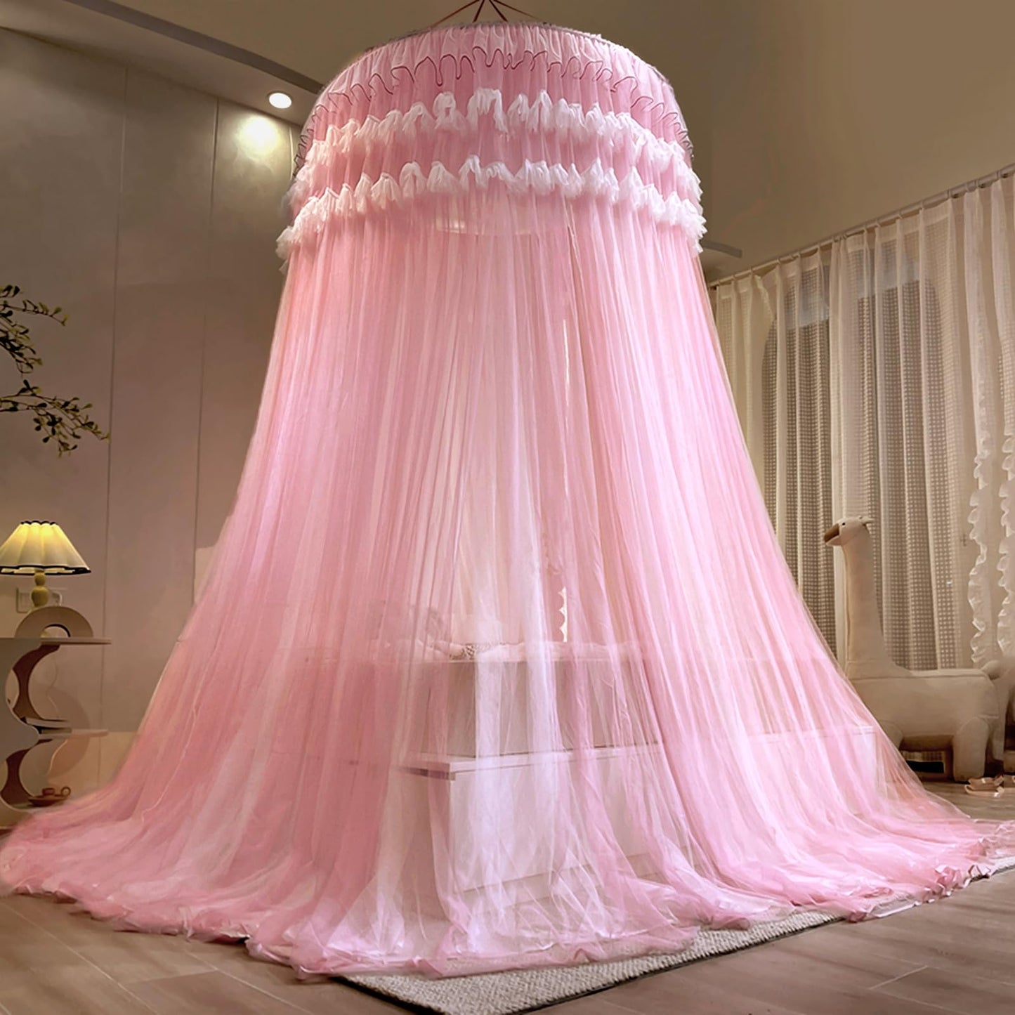 Kertnic Dreamy Bed Canopy for Girls, Princess Canopy Curtains Double Layer Sheer Mesh, Adults Canopies Netting Room Decor Tent Mosquito Net for Queen King Bed (Double Layer-Peach Pink)