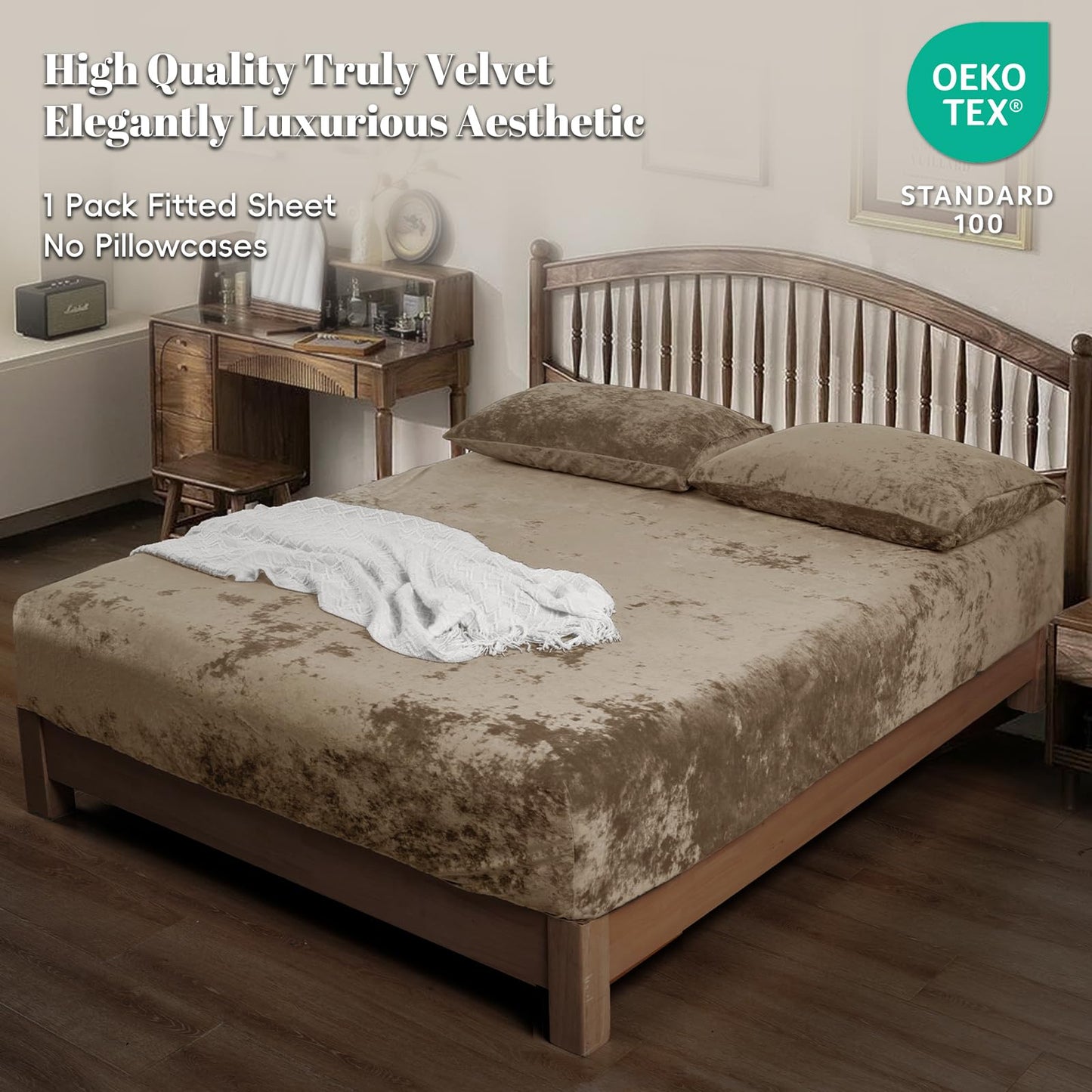 PHF Truly Velvet Fitted Sheet Only Queen Size, Luxury Super Soft Cozy Fuzzy Fleece Bottom Sheet, Deep Pocket Up to 16",Strenghth Elastic Band,Suitable for Fall Winter Spring, No Pillowcases, Khaki