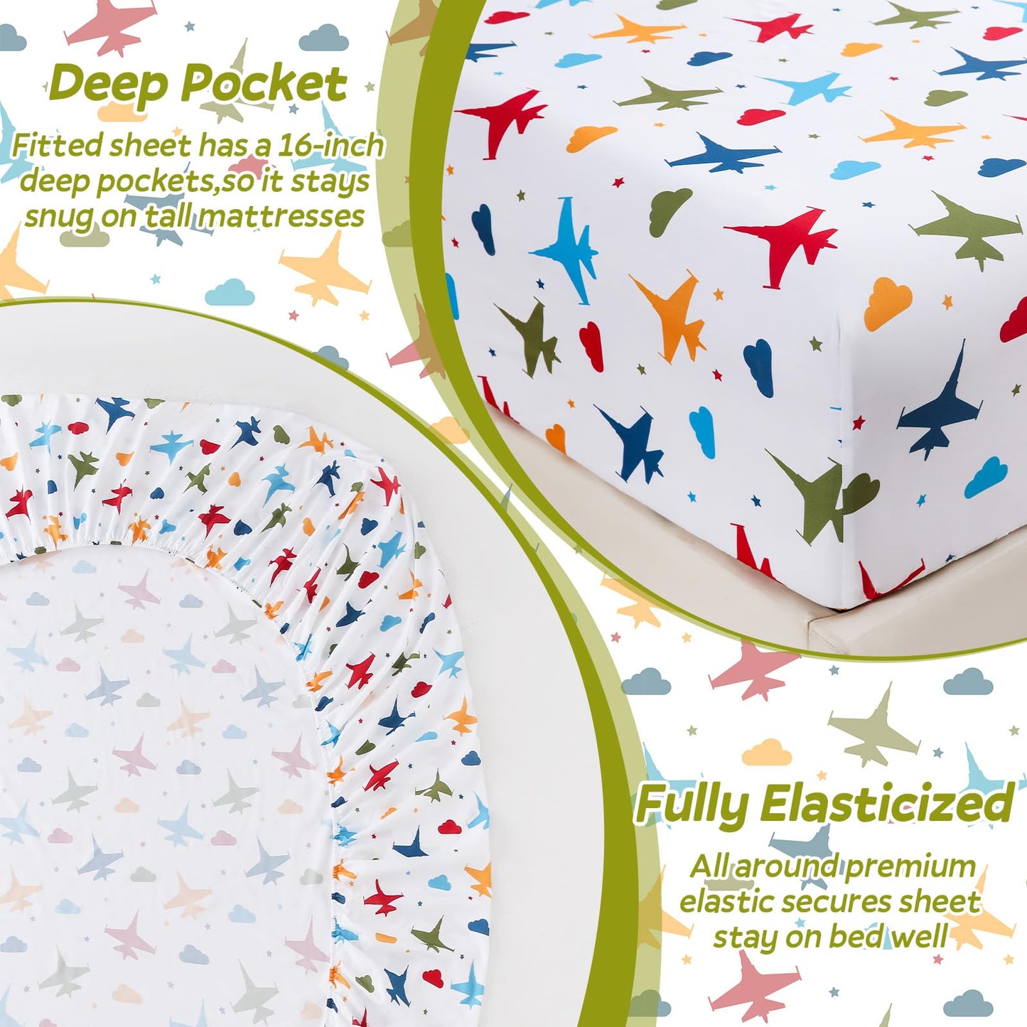 ChicView Queen Sheet Set Kids,4 Pieces Breathable Soft Microfiber Bedsheets for Child Boys Girls, Anti Pilling Deep Pockets Easy Care Bed Sheets, Aircraft
