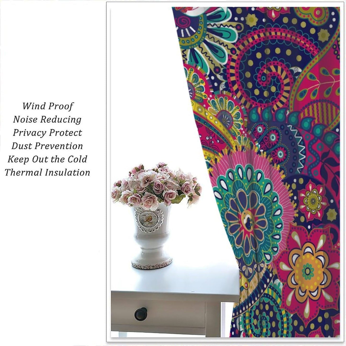 Djaby Paisley Floral Curtains, Colourful Mandala Exotic Flowers Vintage Boho Bohemian Window Treatments for Living Room Bedroom 42" W X 45" L(No Blackout)