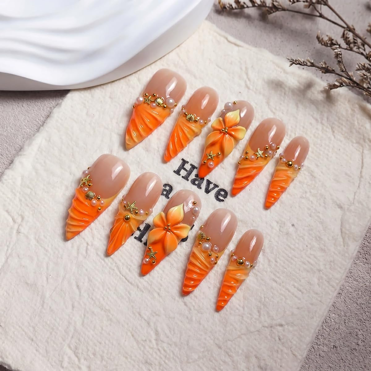 Handmade Press on Nails Long Stiletto False Nails Yellow French Tip Fake Nails with 3D Flower Designs Sparkly luxury Beach Artificial Nails for Women 10pcs (Size M）