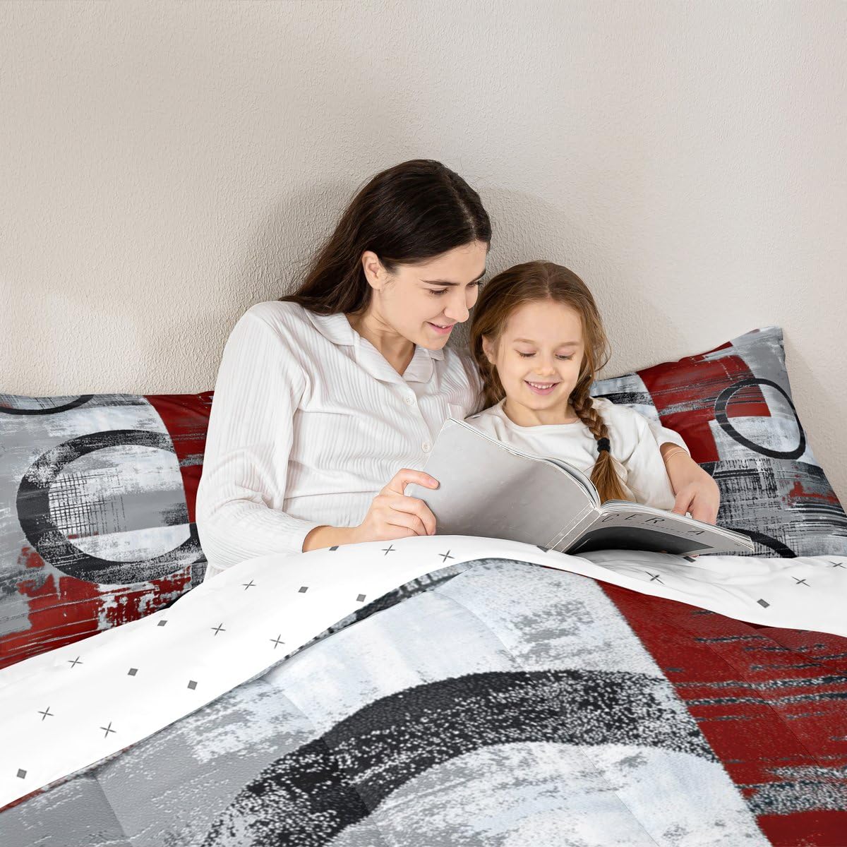 Feelyou Abstract Kids Comforter Set Full Size Modern Abstract Art Bedding Set Geometric Duvet Quilt for Kids Boys Girls Bedroom Luxury Decor Wine Ultra Soft