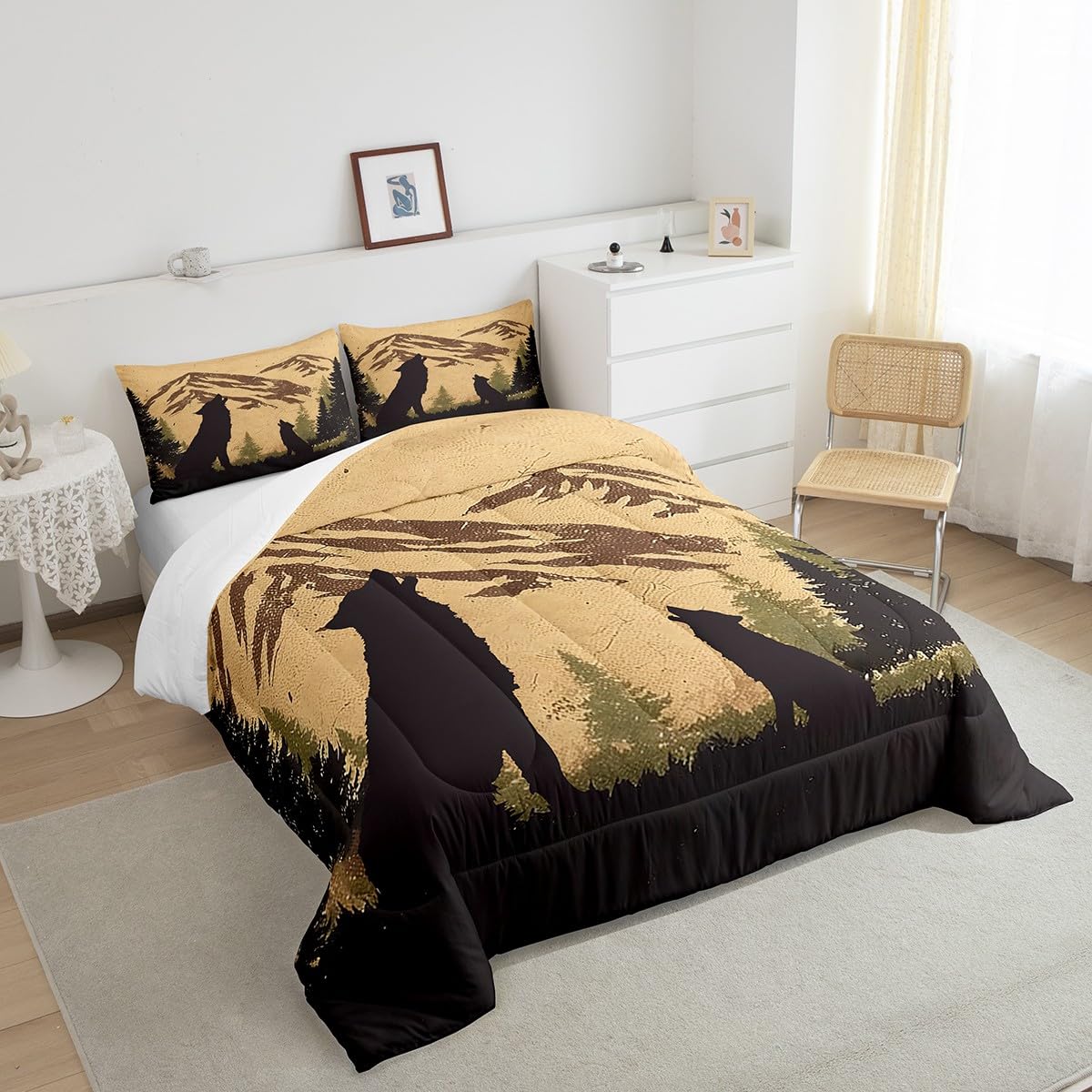 Howling Wolf Bedding Set Full Size,Hunting Wildlife Theme Comforter Set for Kids Boys Men Teens Room Decor,Retro Rustic Farmhouse Duvet Insert 3Pcs,Nature Animal Silhouette Quilt Set,2 Pillowcases