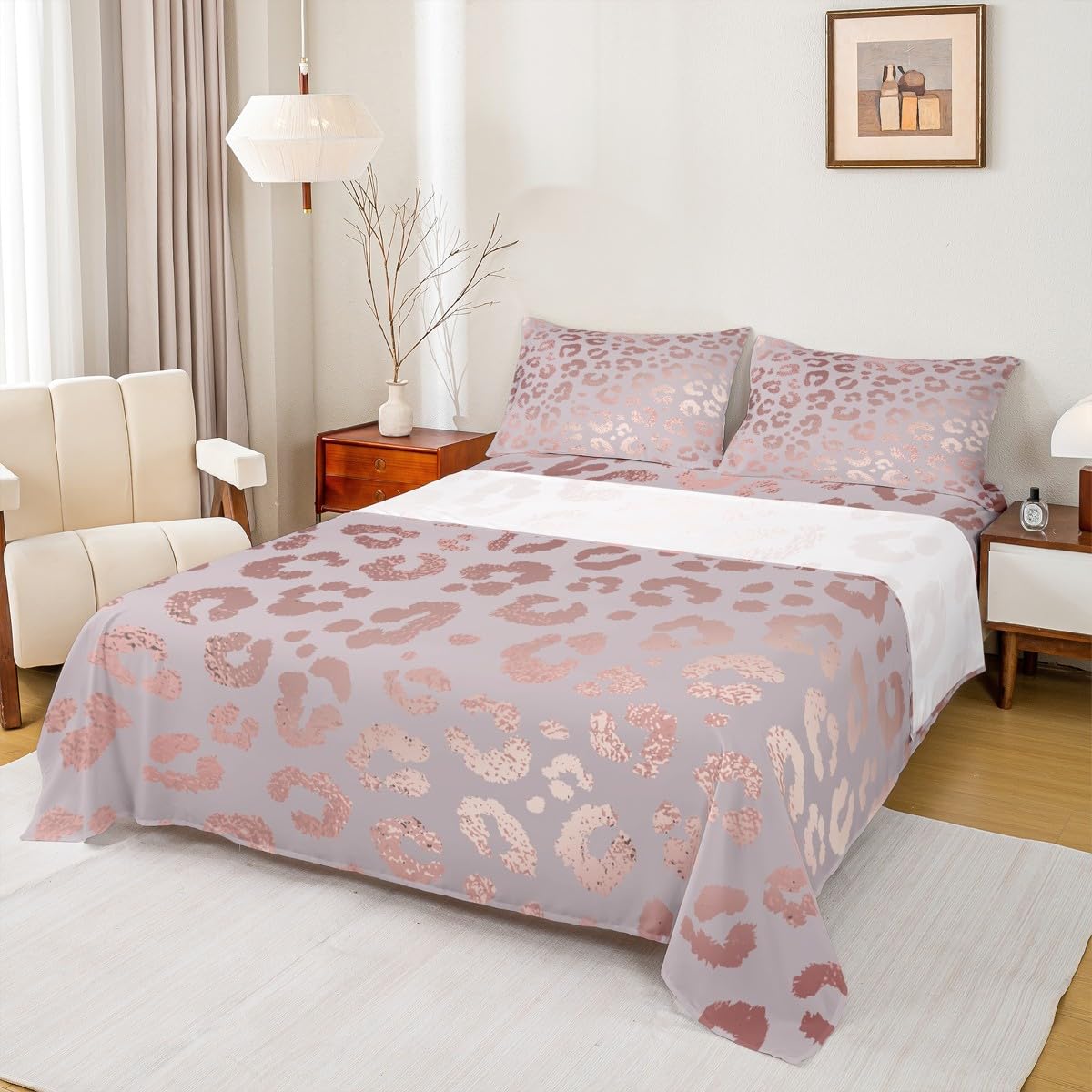Erosebridal Cheetah Print Sheet Set,Luxury Pink Sequin Bed Sheets,Rose Gold Colored Leopard Print Queen Sheets,Safari Animal Fitted Sheet,Ultra Soft Cozy Durable Flat Sheet…