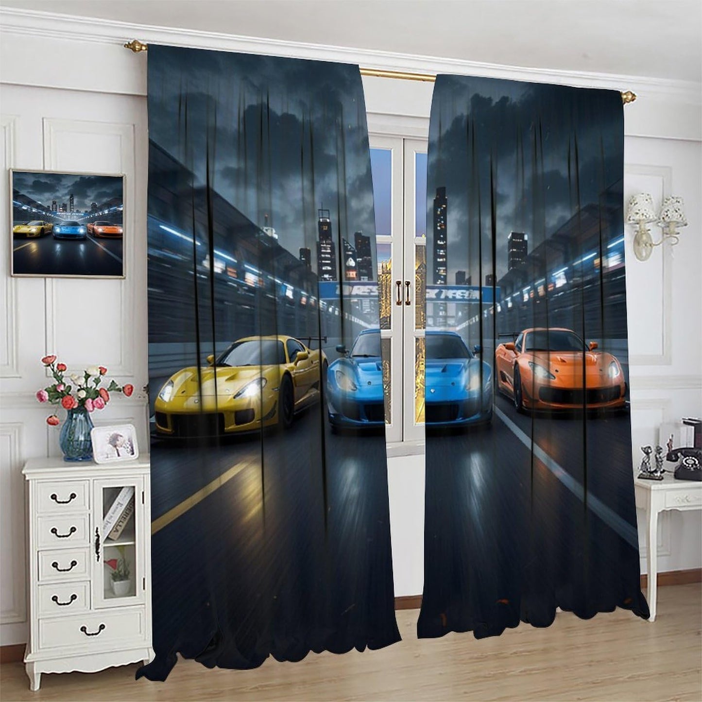 Nsbul Speed Racing Curtain, High-Speed Night City Extreme Sport Cars Cool Design Window Drapes for Kids Boys Bedroom Living Room, 42" W X 45" L (No Blackout)