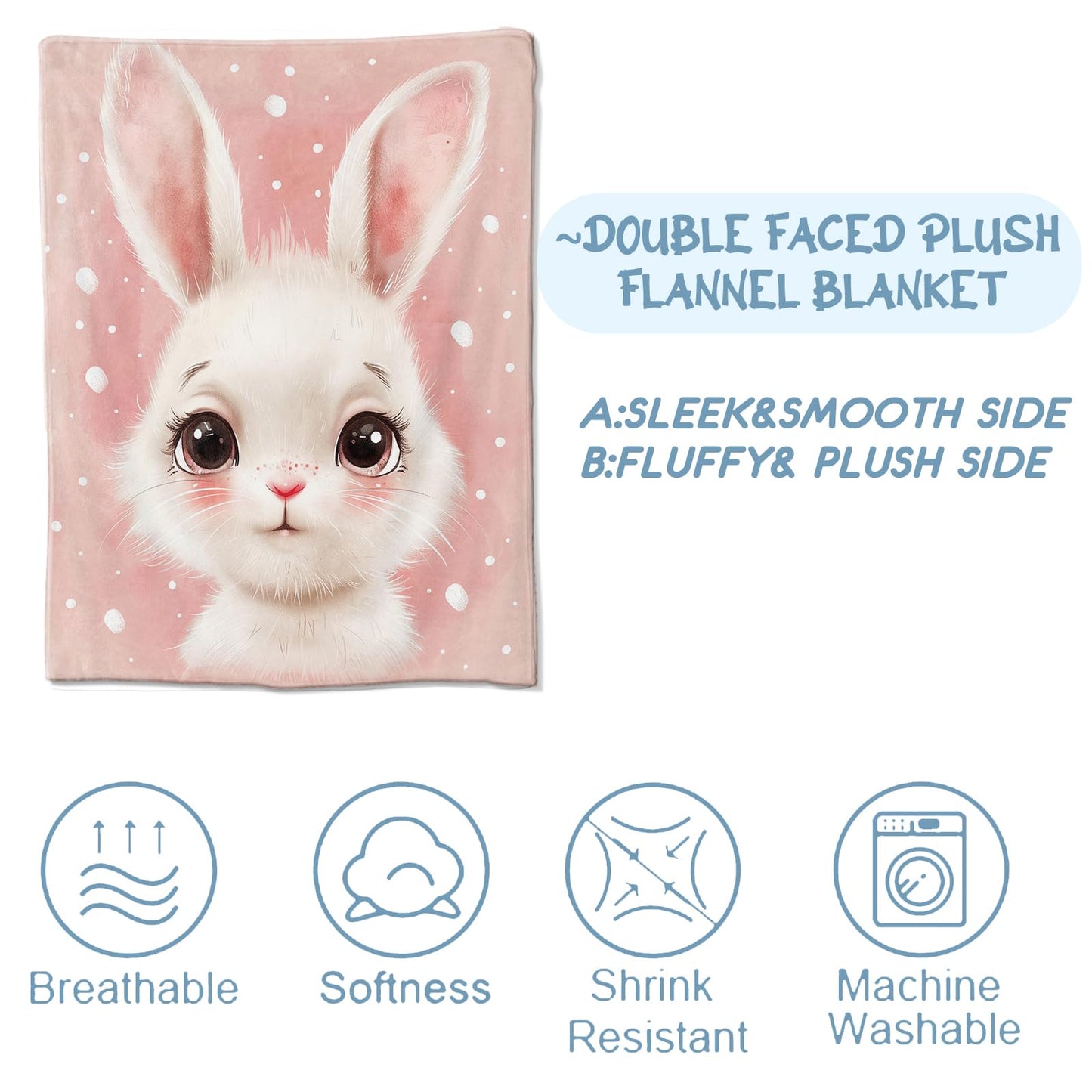 Bunny Blanket for Girls Adults, Flannel Bunny Blankets Gifts, Pink Bunny Throw Blanket for Sofa Couch Bed Living Room Soft Warm Cozy Bunny Decor 60" x 50"