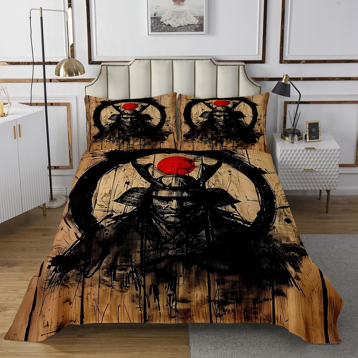 Homewish Japanese Samurai Bedspread King Size,Black Graffiti Bedding Set 3Pcs for Kids Girls Boys Adult Room Decor,Swordsman Art Quilt Comforter Rustic Brown Wooden Coverlet,2 Pillowcases