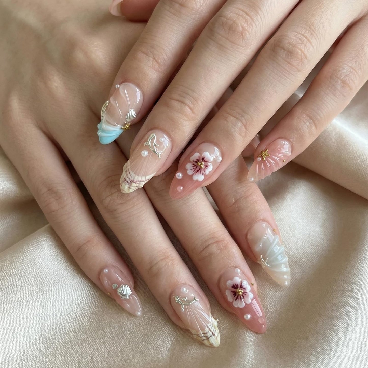 octoswave Press on Nails Medium Almond Fake Nails 3D French Artificial Nail Flowers and Pearl Charm Stick on Nail for Women 24pcs