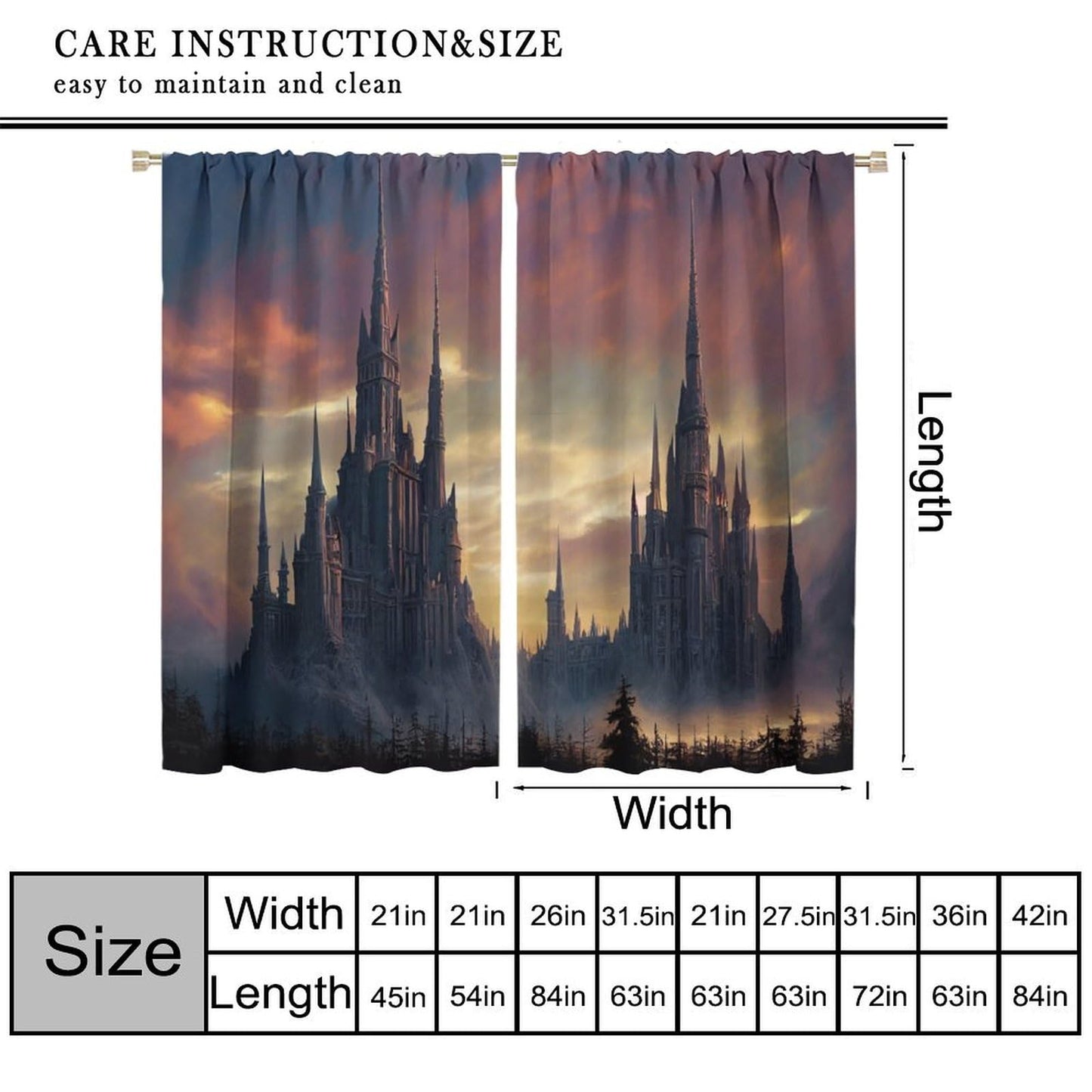 HZOHNAGO Castle Curtain Gothic Castle Dark Forest Pattern Print Decor Rod Pocket Window Drapes for Bedroom Living Room 42x45in