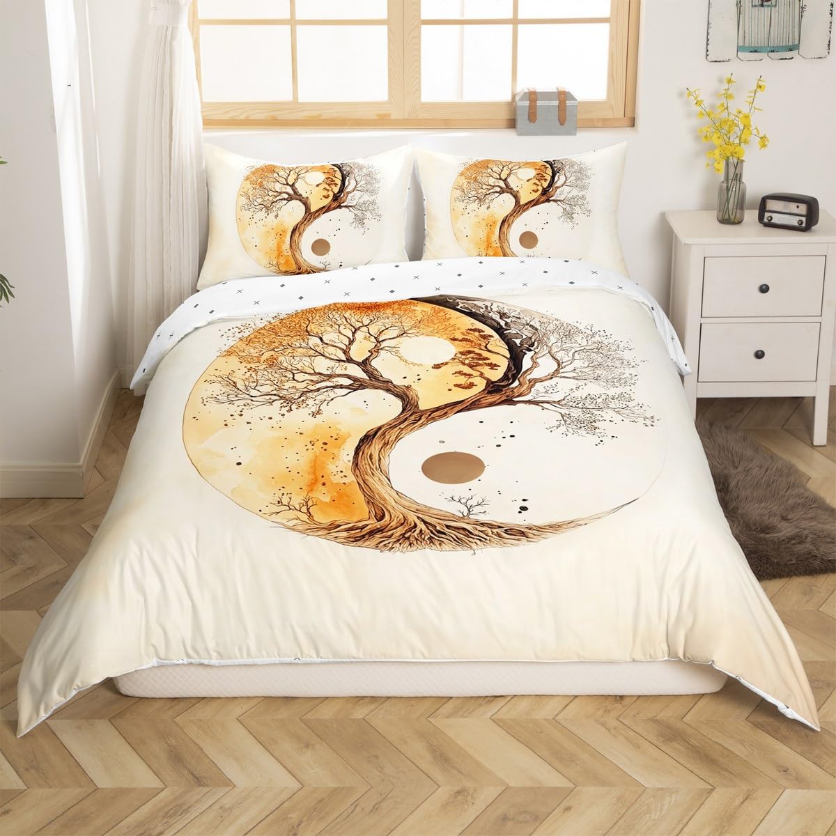 Yin Yang Tai Chi Bedding Sets Queen Size,Bohemian Tree Duvet Cover Set for Kids Boys Girls Teen Adult Room Decor,Oriental Comforter Cover Life Traditional Reversible Print Quilt Cover,2 Pillowcases