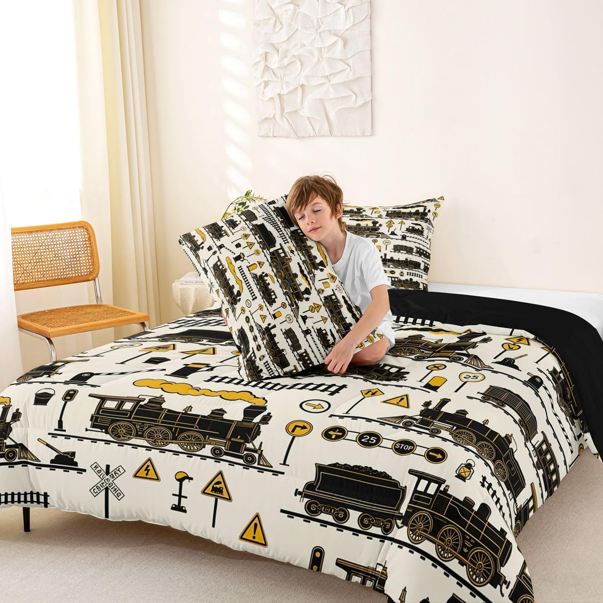 Erosebridal Cartoon Steam Train Kids Comforter Sets Funny Train Full Bedding Set for Boys Girls Retro Transport Vehicle Comforter Set Steampunk Railway Aesthetic Quilt Duvet 3 Pcs
