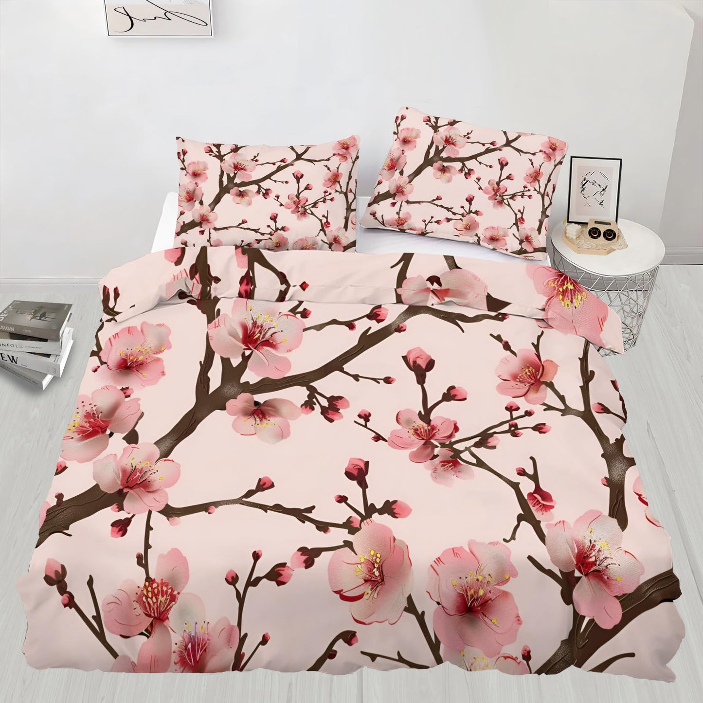 QINYUN Pink Floral Comforter Set Oversized King, Cherry Blossoms Bedding Set 3 Piece, Cherry Blossoms Comforter Cover and 2 Pillow Sham with Zipper Closure