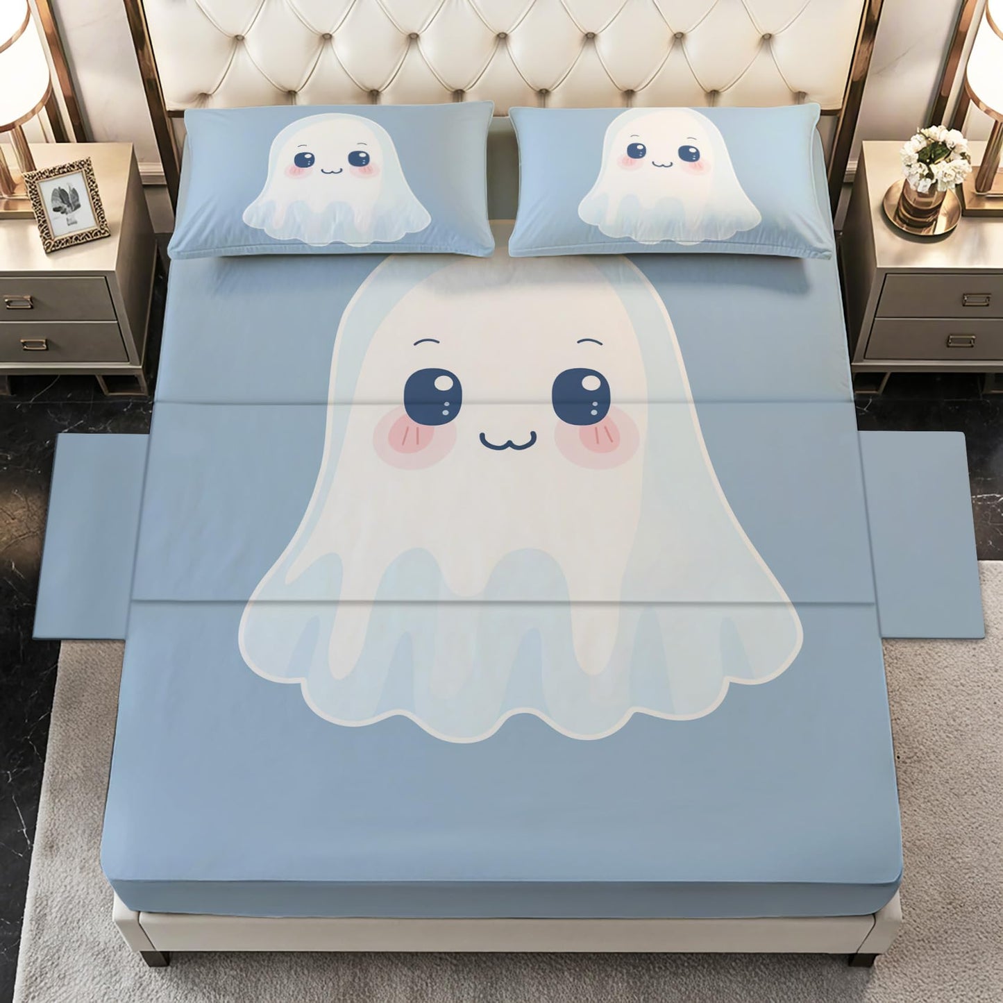 Cute Ghost Sheets Twin Size - Halloween Cartoon Kids Bed Sheet Set - Deep Pocket Soft Microfiber Bedding Set 3 Piece - Fitted Flat Sheet Pillowcase - Cute Ghost Bedroom Decor & Gifts
