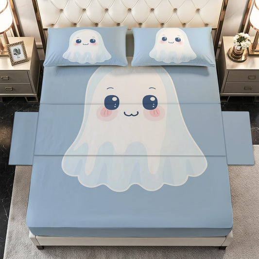 Cute Ghost Sheets Twin Size - Halloween Cartoon Kids Bed Sheet Set - Deep Pocket Soft Microfiber Bedding Set 3 Piece - Fitted Flat Sheet Pillowcase - Cute Ghost Bedroom Decor & Gifts