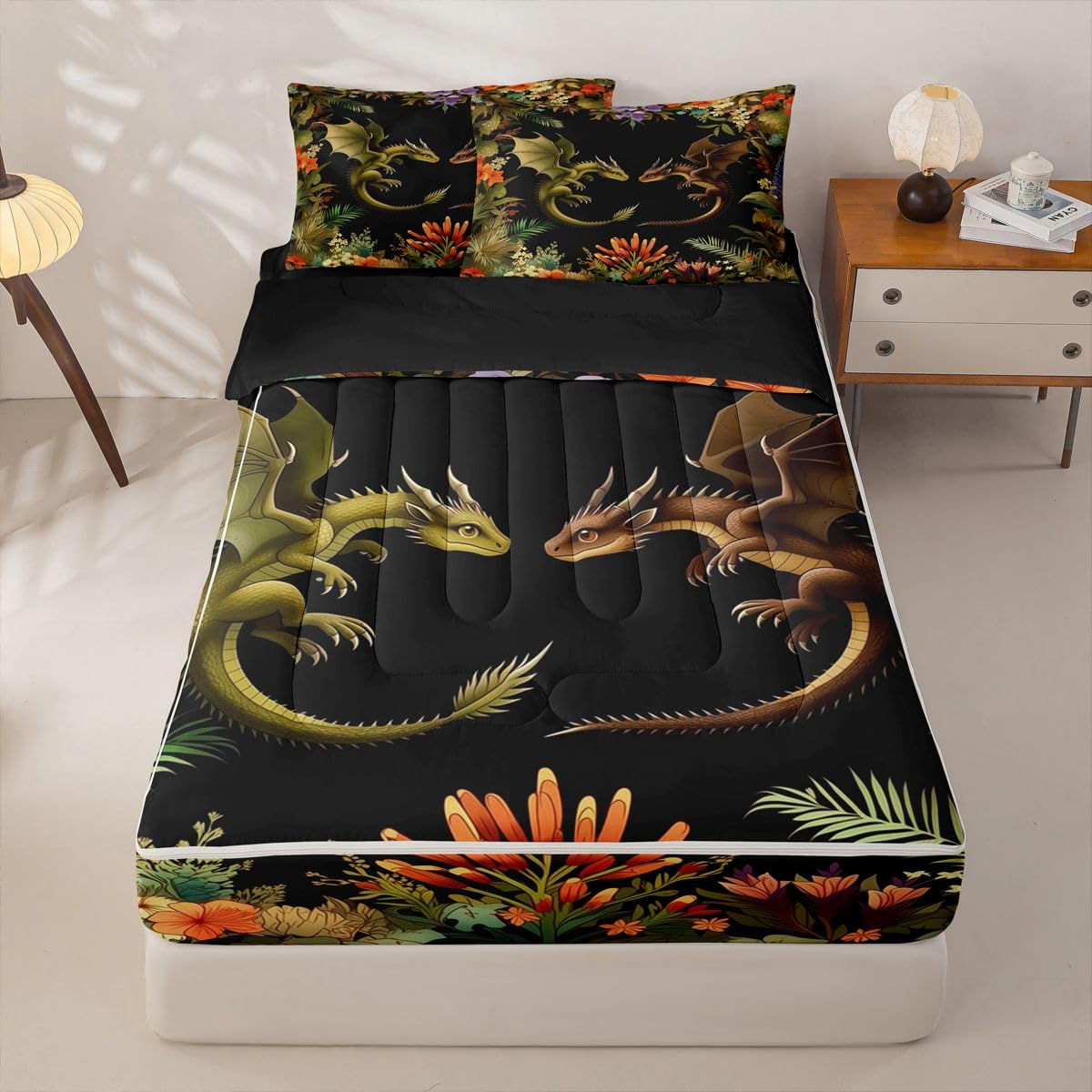 jejeloiu Flying Dragon Comforter Set Twin Zipper Bedding Set for Girls Boys Fantasy Animal Comforter with Fitted Sheet, Pillowcases Ancient Wildlife Zipper Bedding Breathable Spring Flowers Bed Set