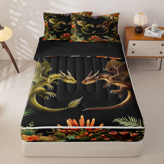 jejeloiu Flying Dragon Comforter Set Twin Zipper Bedding Set for Girls Boys Fantasy Animal Comforter with Fitted Sheet, Pillowcases Ancient Wildlife Zipper Bedding Breathable Spring Flowers Bed Set