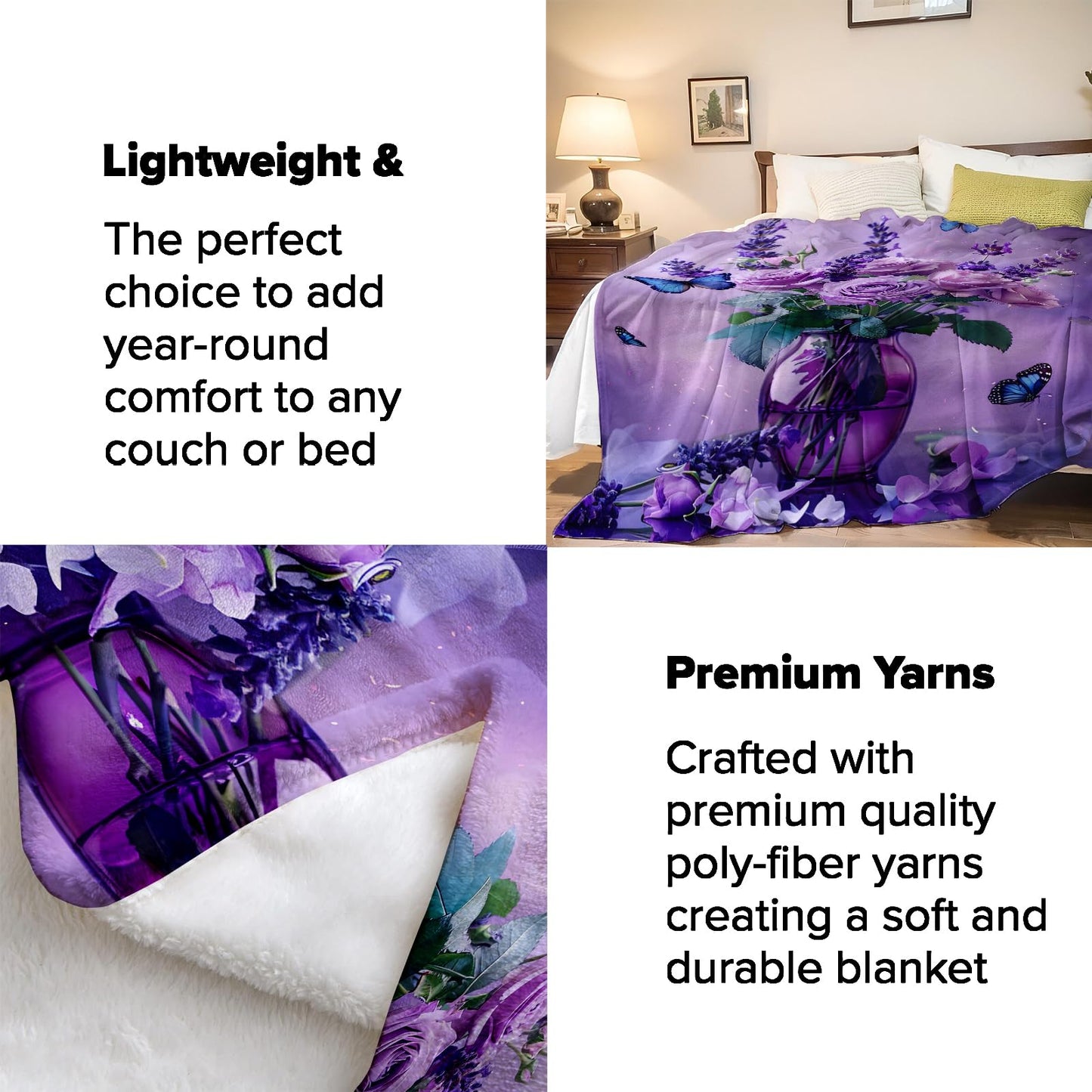 Turamurra Purple Rose Bouquet Throw Blanket Gifts for Kids Women, Lavender Roses with Butterfly Floral Blankets for Couch, Bedroom, Living Room Home Decor, Fuzzy Warm Flannel Plush 50"x60"