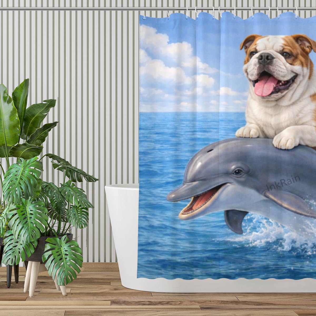 InkRain Ocean Bulldog Shower Curtain with 12 Hooks Cute Puppy Riding Dolphin Bathroom Decor Waterproof Polyester Fabric Coastal Beach Bath Curtain 72x72 Inch