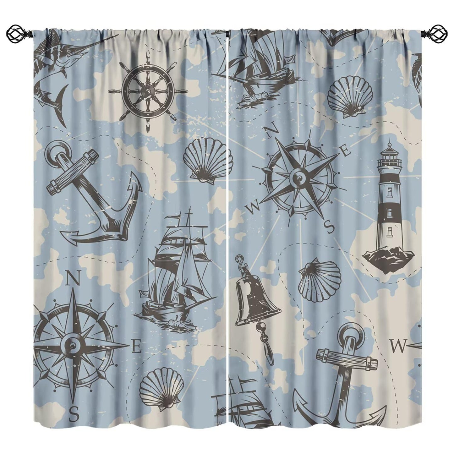 XBDDZSW Nautical Sailboat Map Curtains Sketch Pirate Ship Wheel Compass Starfish Coral Reef Nautical Map Pattern Print Window Drapes for Bedroom Living Room Kitchen Decor,2 Panel Set,42x45 Inch Decor
