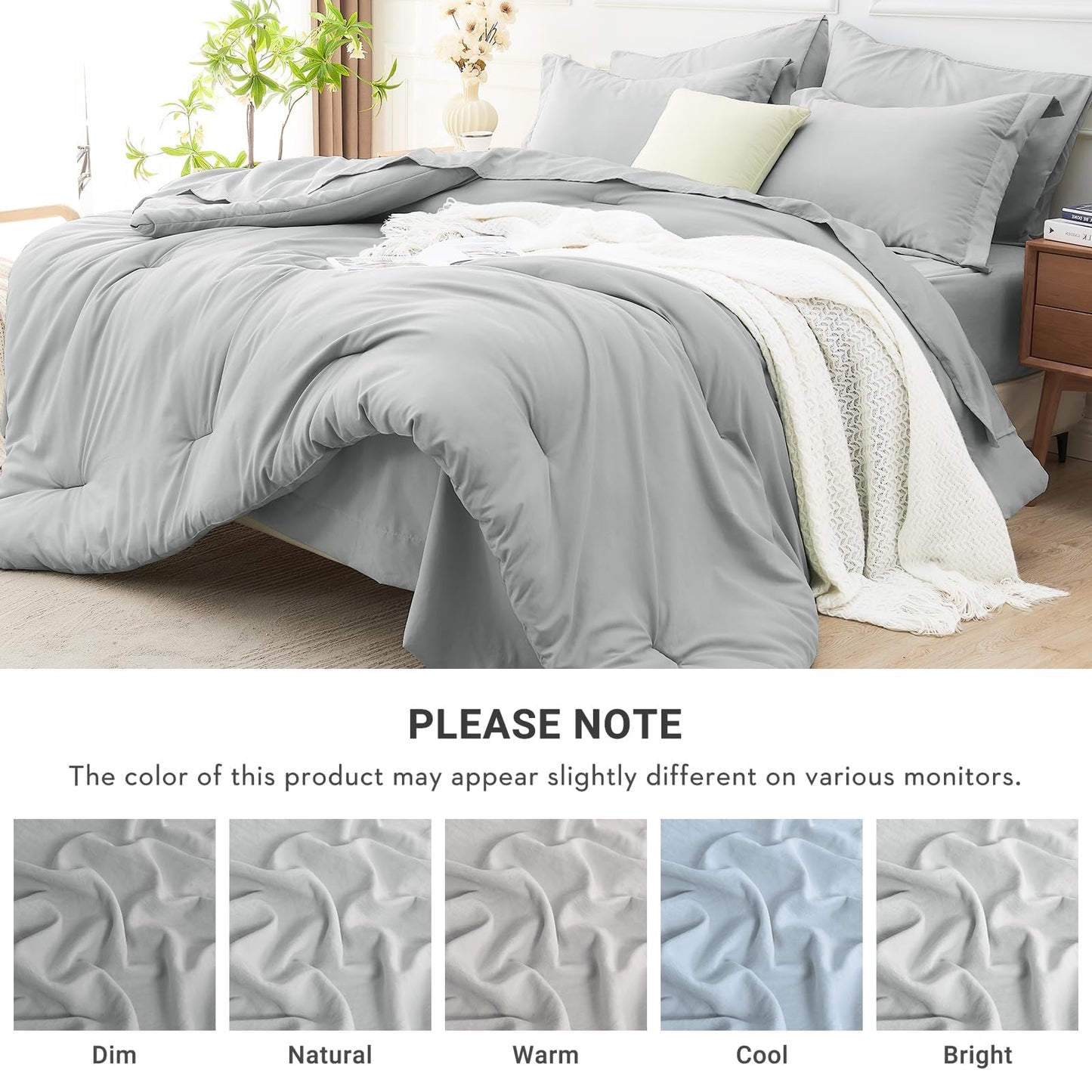 MUXHOMO 7 Pieces King Comforter Set, Soft Bed in a Bag King Size, All Season Bedding Set with Comforter, Flat Sheet, Fitted Sheet, Pillowcases & Shams, Light Grey