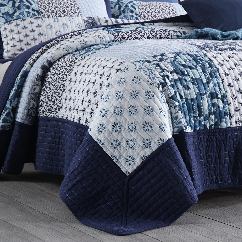 ENASAL Cotton Bedspread Quilt Sets Reversible Bedding Coverlet Sets Luxury Floral White Blue Real Patchwork Bedspread, King Size