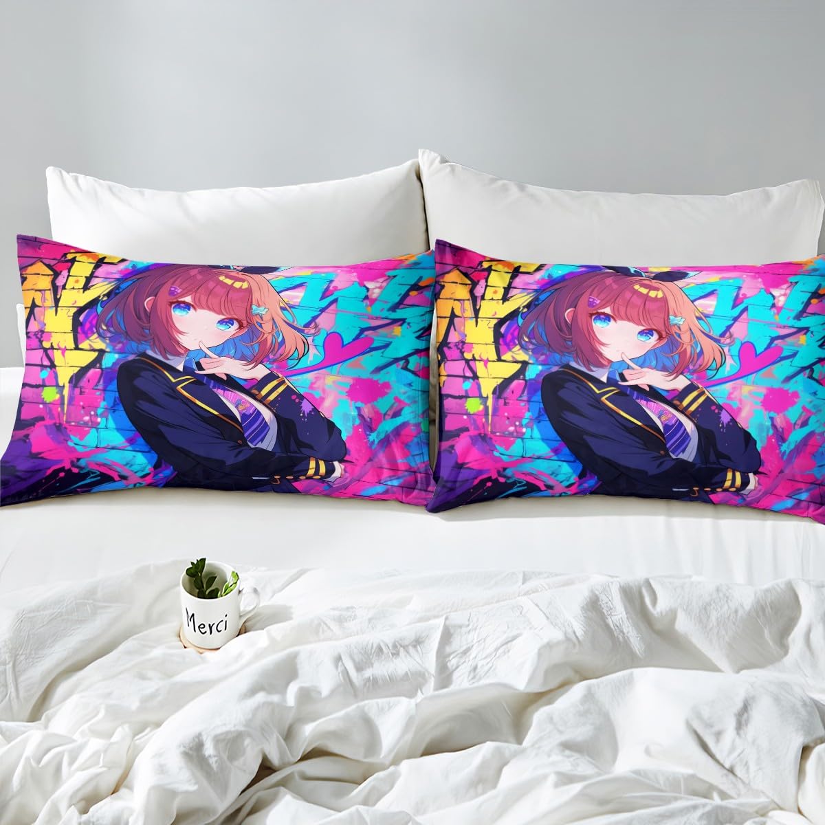Erosebridal Girls Japanese Anime Comforter Set Full, Kawaii Anime Girl Bedding Set Cartoon Girl Duvet Insert for Kids Teens Adult, Japanese Animation Sci Fi Style Quilt with 2 Pillow Cases