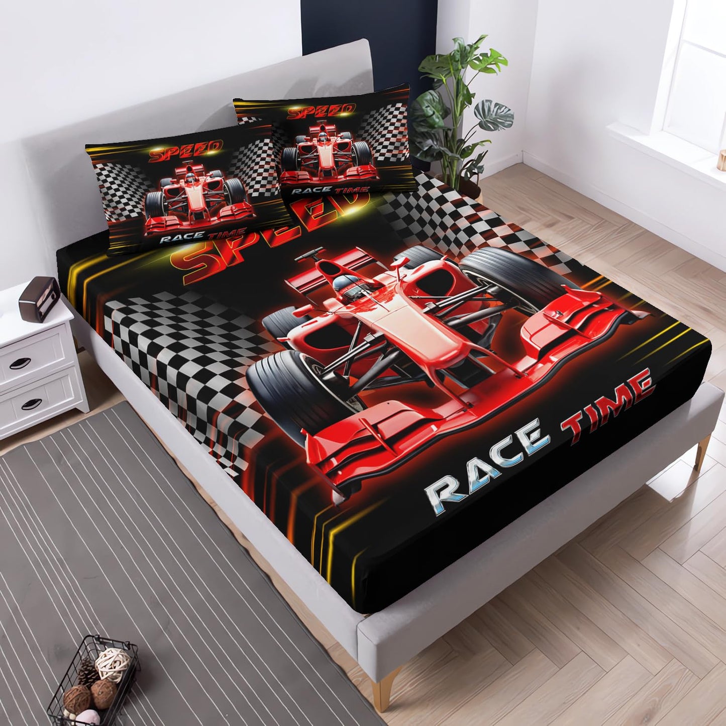 UEVBF Red Cars Bedding Fitted Sheet Set Twin Size,Black White Checkered Racing Flag Fitted Sheet,Race Car Room Decor for Kids Boys,Cool Sports Themed Bedding Sets,1 Fitted Sheet+2 Pillowcases.
