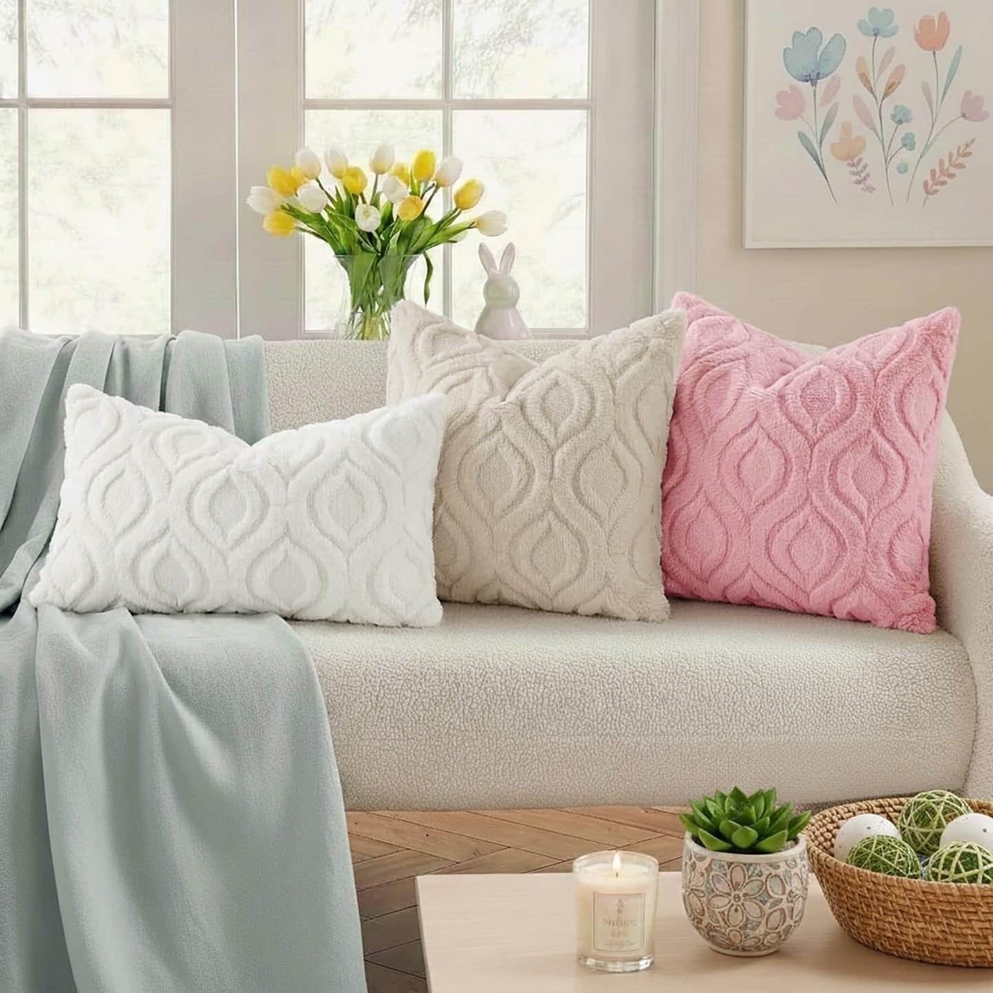 decorUhome Throw Pillow Covers 18x18 Inch Set of 2, Soft Plush Faux Wool Beige Solid Couch Pillow Covers, Accent Farmhouse Neutral Square Pillow Cases for Sofa Bed Living Room