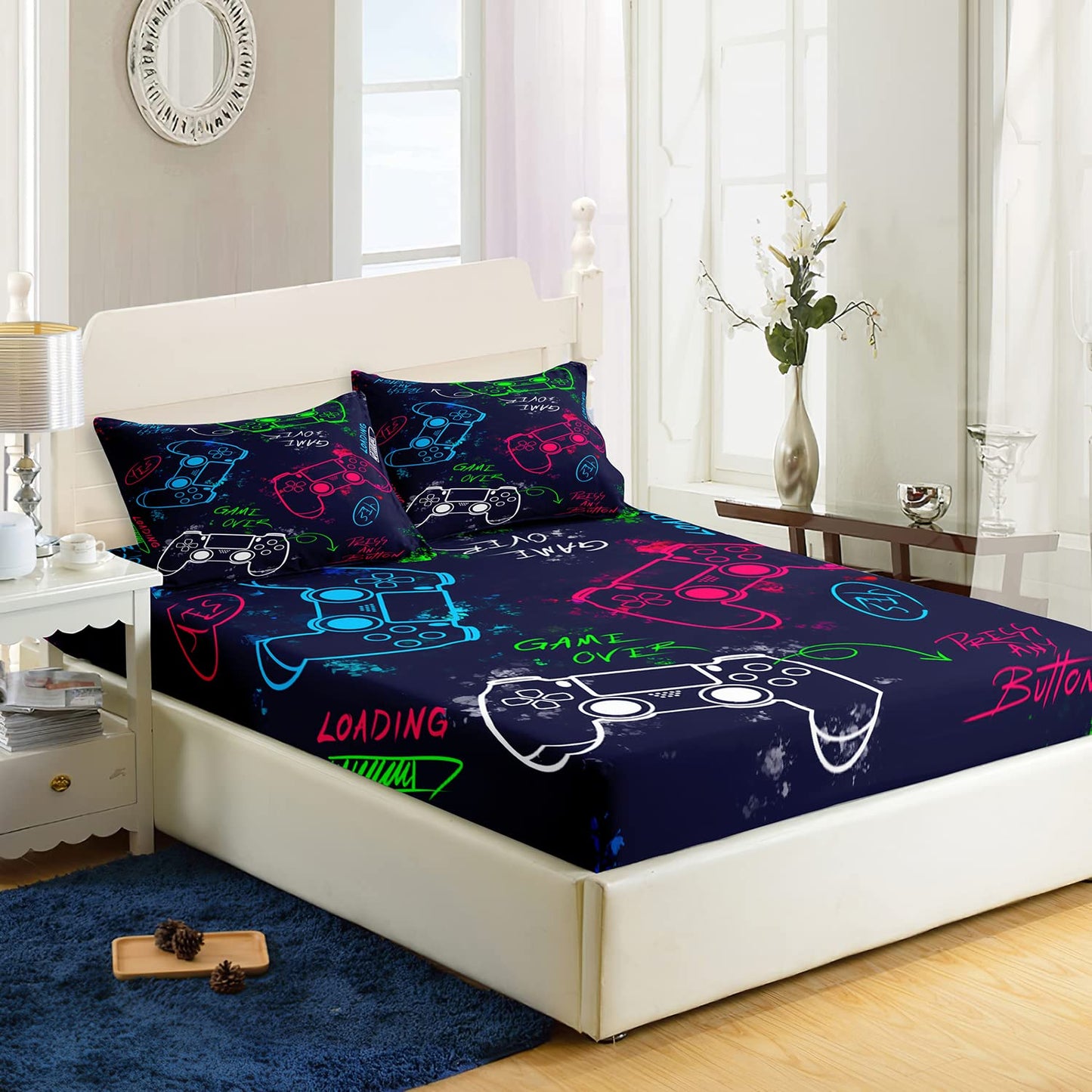 AILONEN Gamer Fitted Sheet Queen Size,Gaming Bedsheets Set,Gamepad Bed Sheet Set for Boys,Boys Video Games Bedding Set,1 Fitted Sheet and 2 Pillow Case,3 Piece